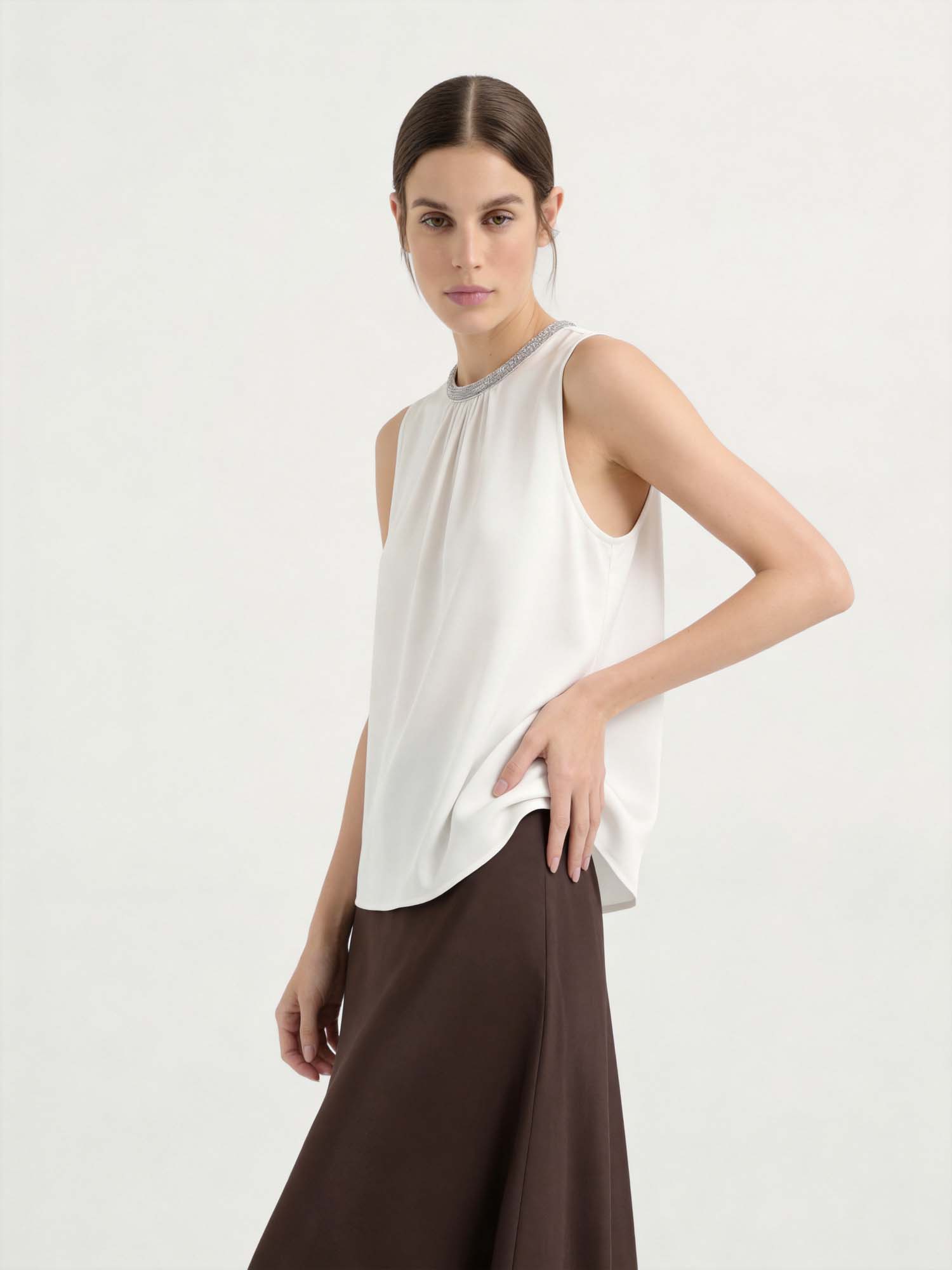 White Silk Sleeveless Colorblock Tank Top
