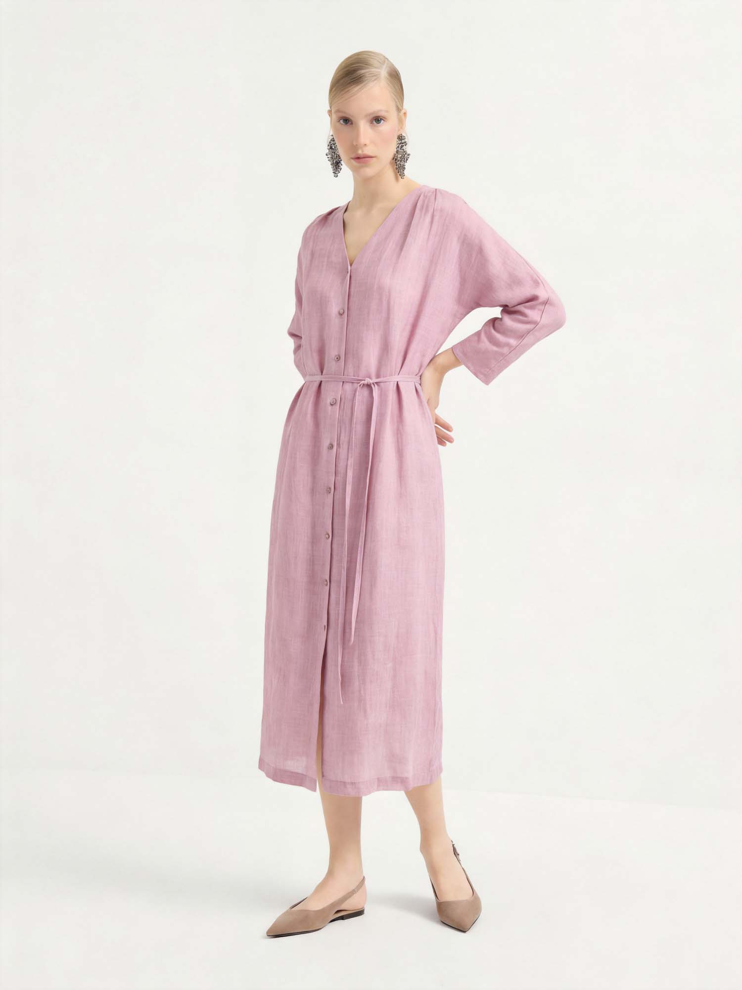 Pink 3/4 Sleeve Midi Linen Dress