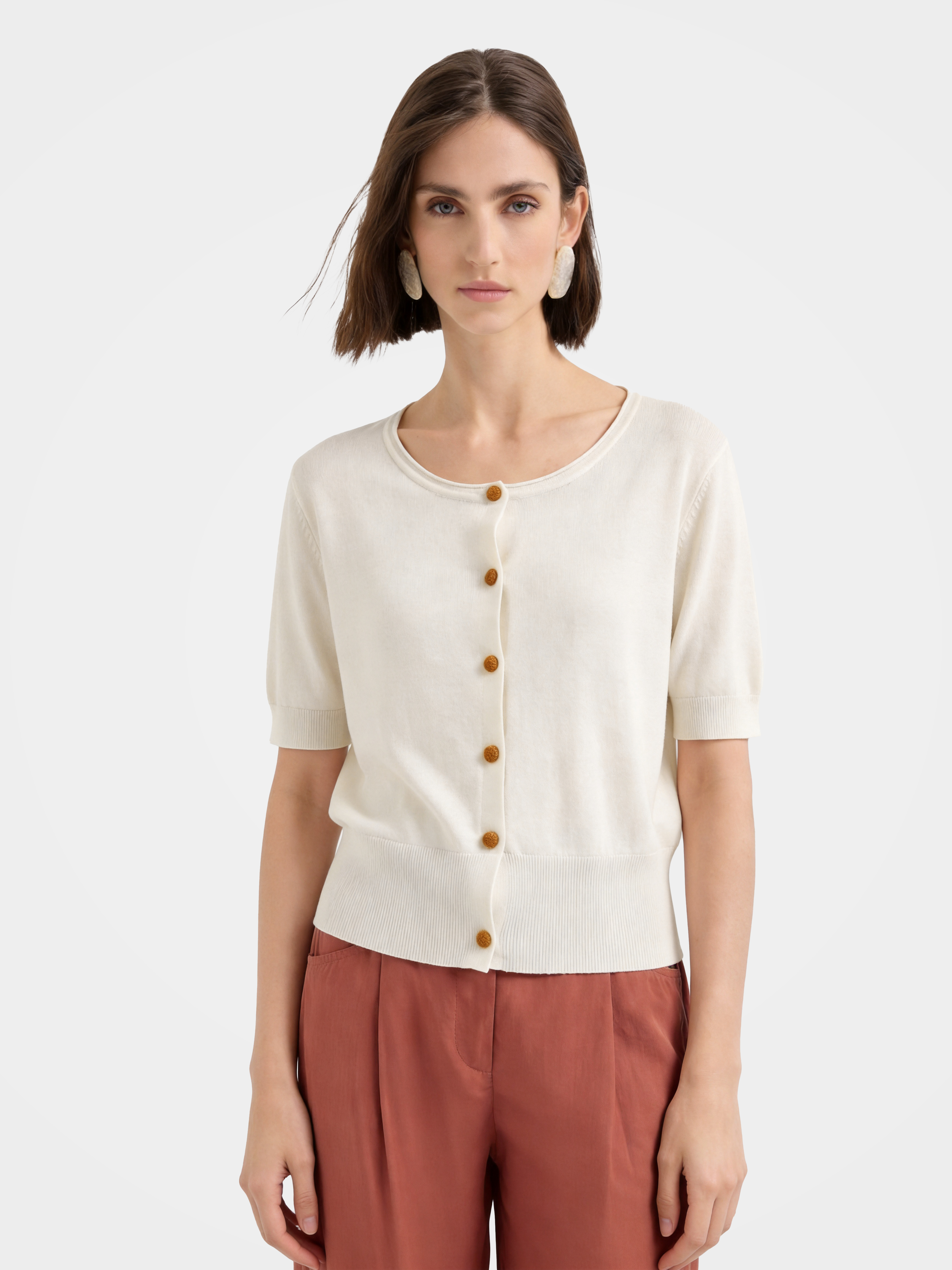 Beige Wool-Silk Short Sleeve Knit Cardigan