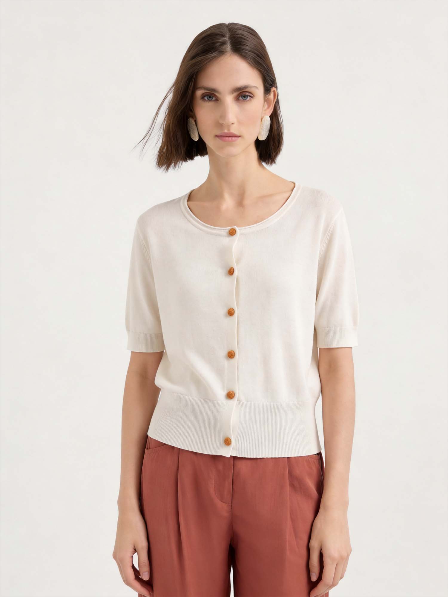 Beige Wool-Silk Short Sleeve Knit Cardigan