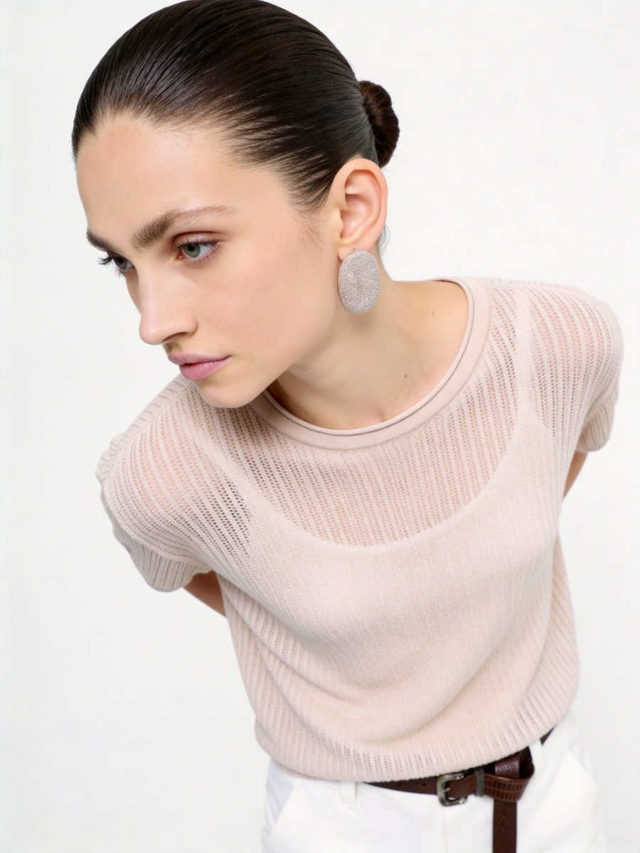 Cotton Short Sleeve Crew Neck Knit Top