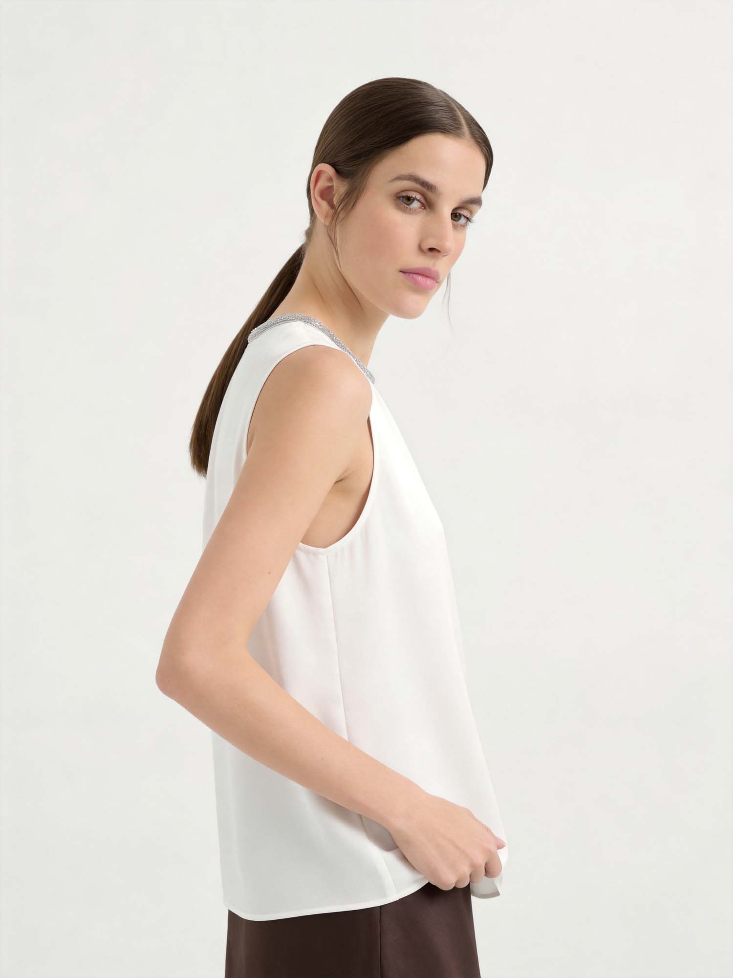 White Silk Sleeveless Colorblock Tank Top
