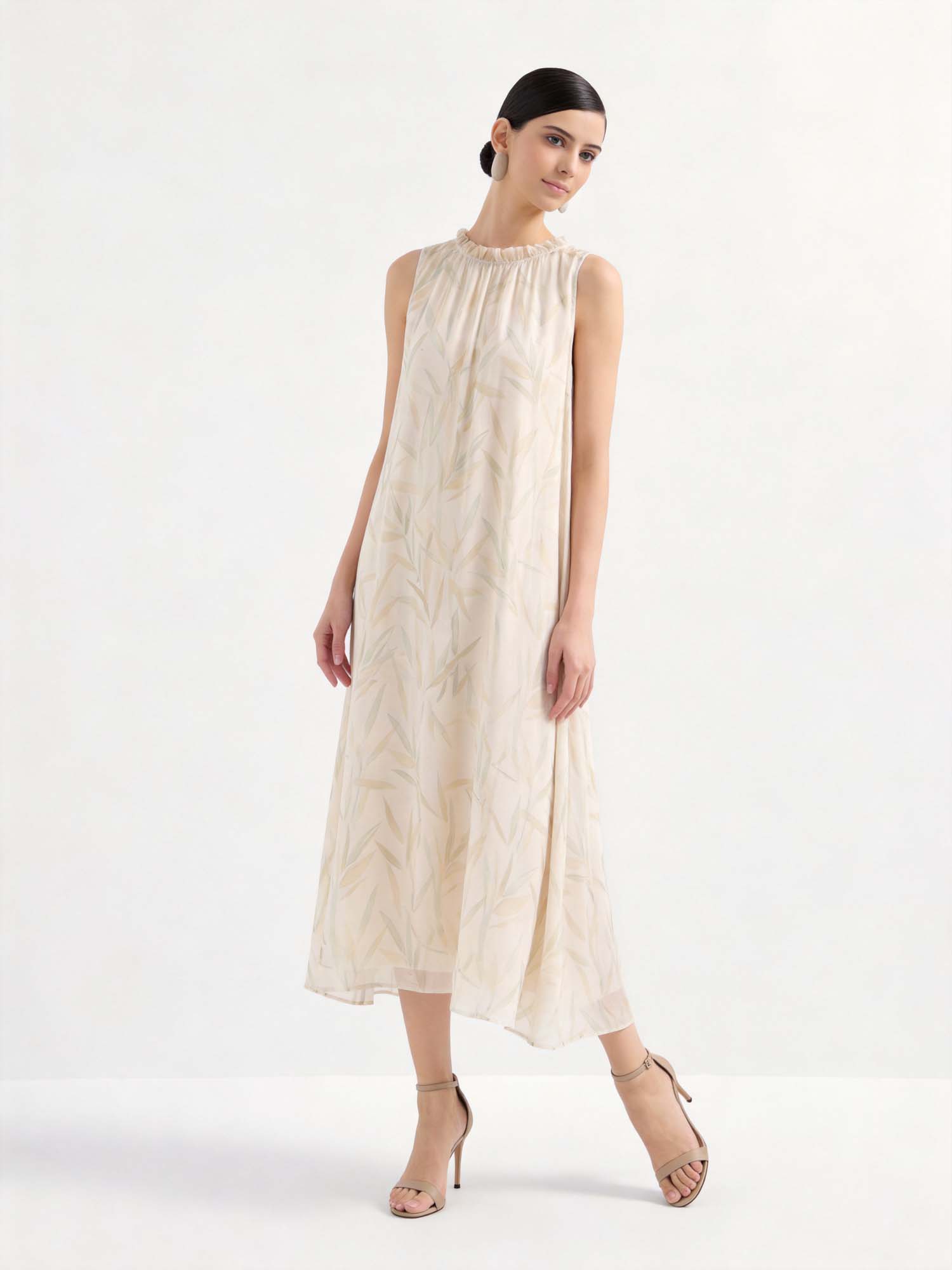 Beige Silk Crew Neck Print Midi Dress