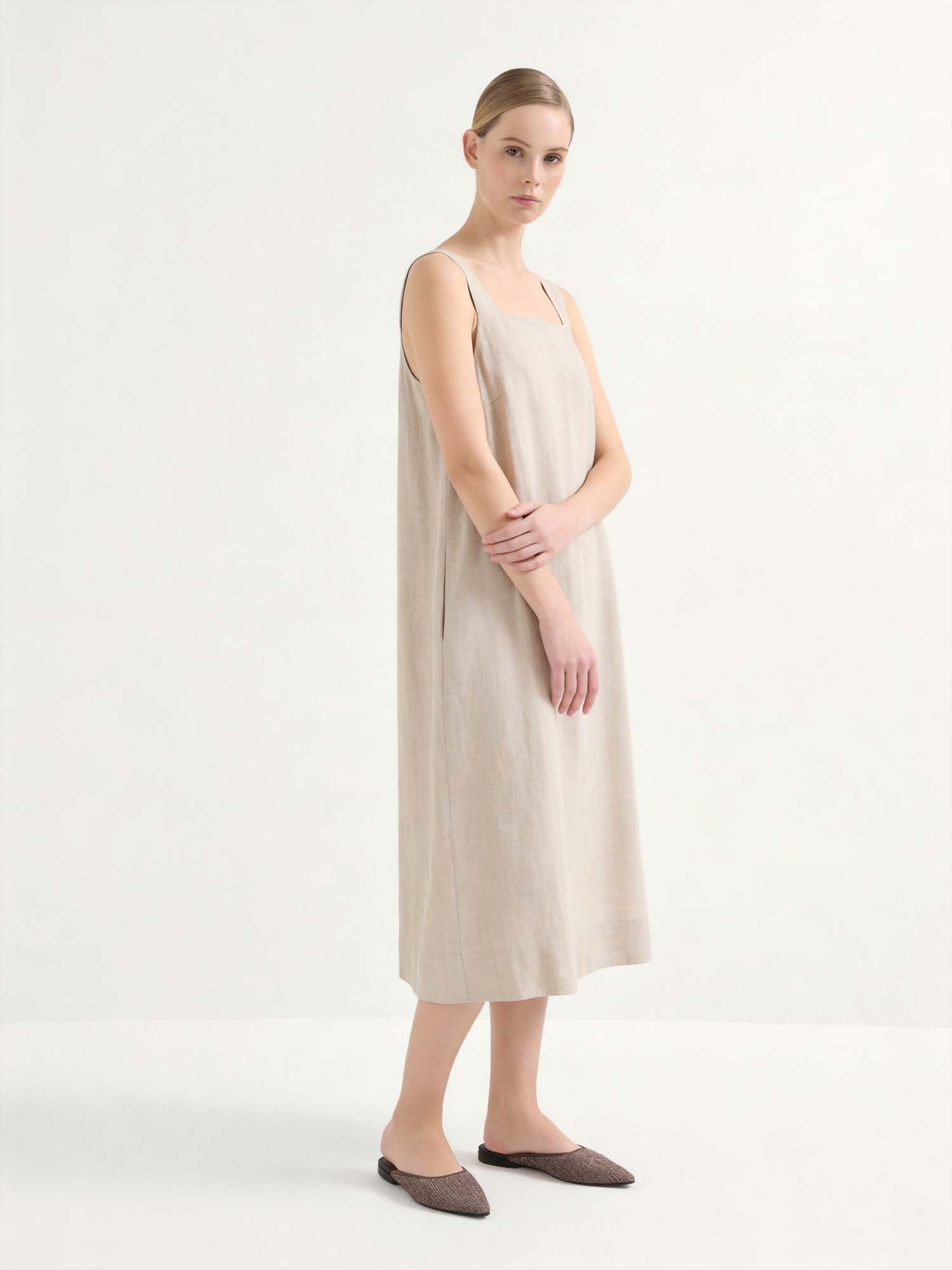 Beige Linen Square Neck Slip Midi Dress