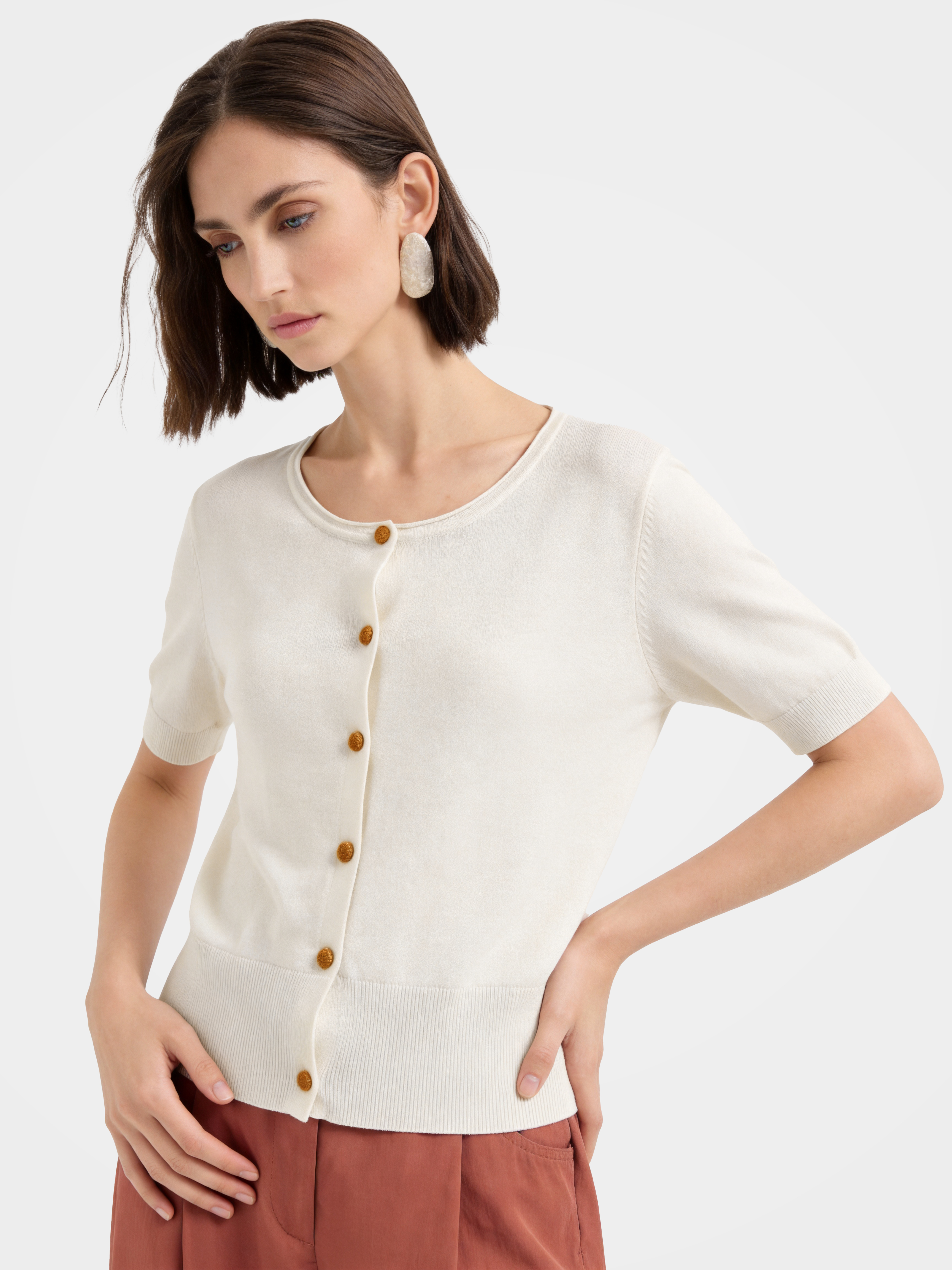 Beige Wool-Silk Short Sleeve Knit Cardigan