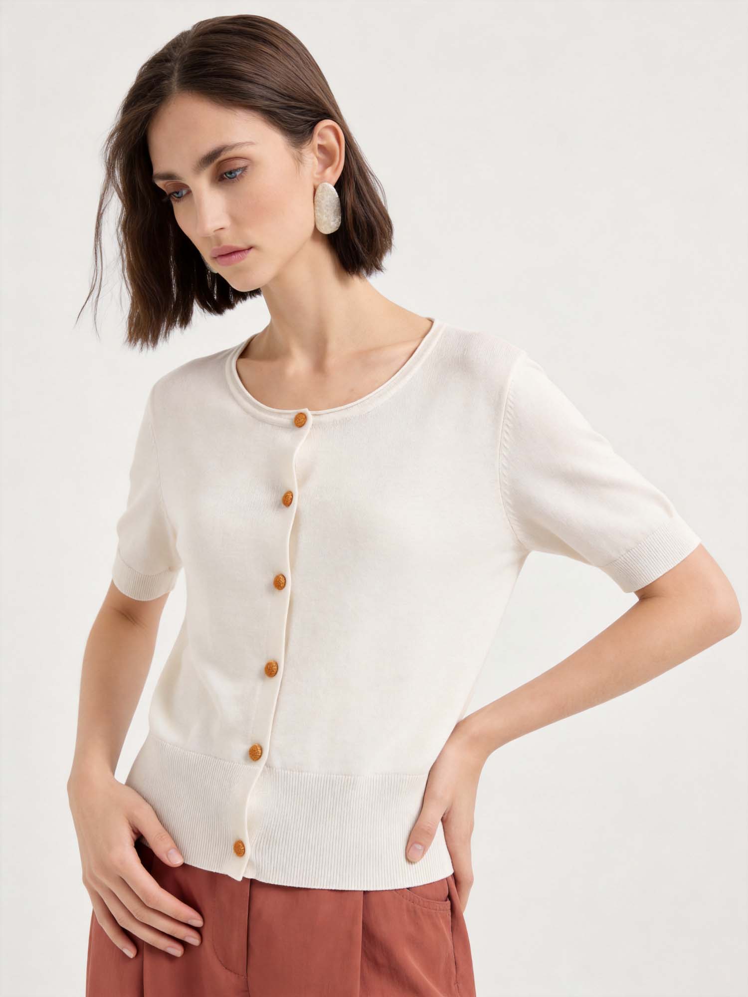 Beige Wool-Silk Short Sleeve Knit Cardigan