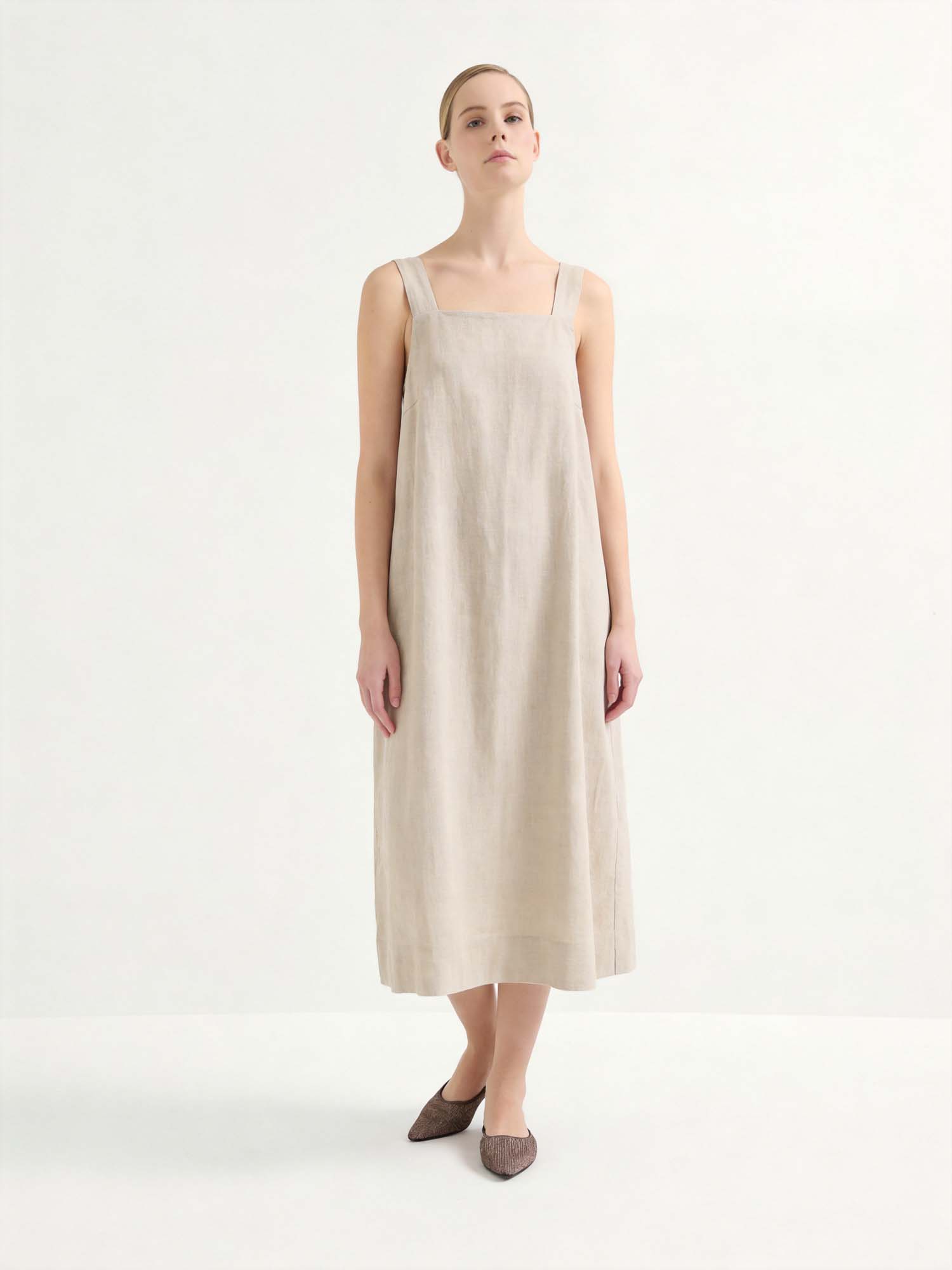 Beige Linen Square Neck Slip Midi Dress