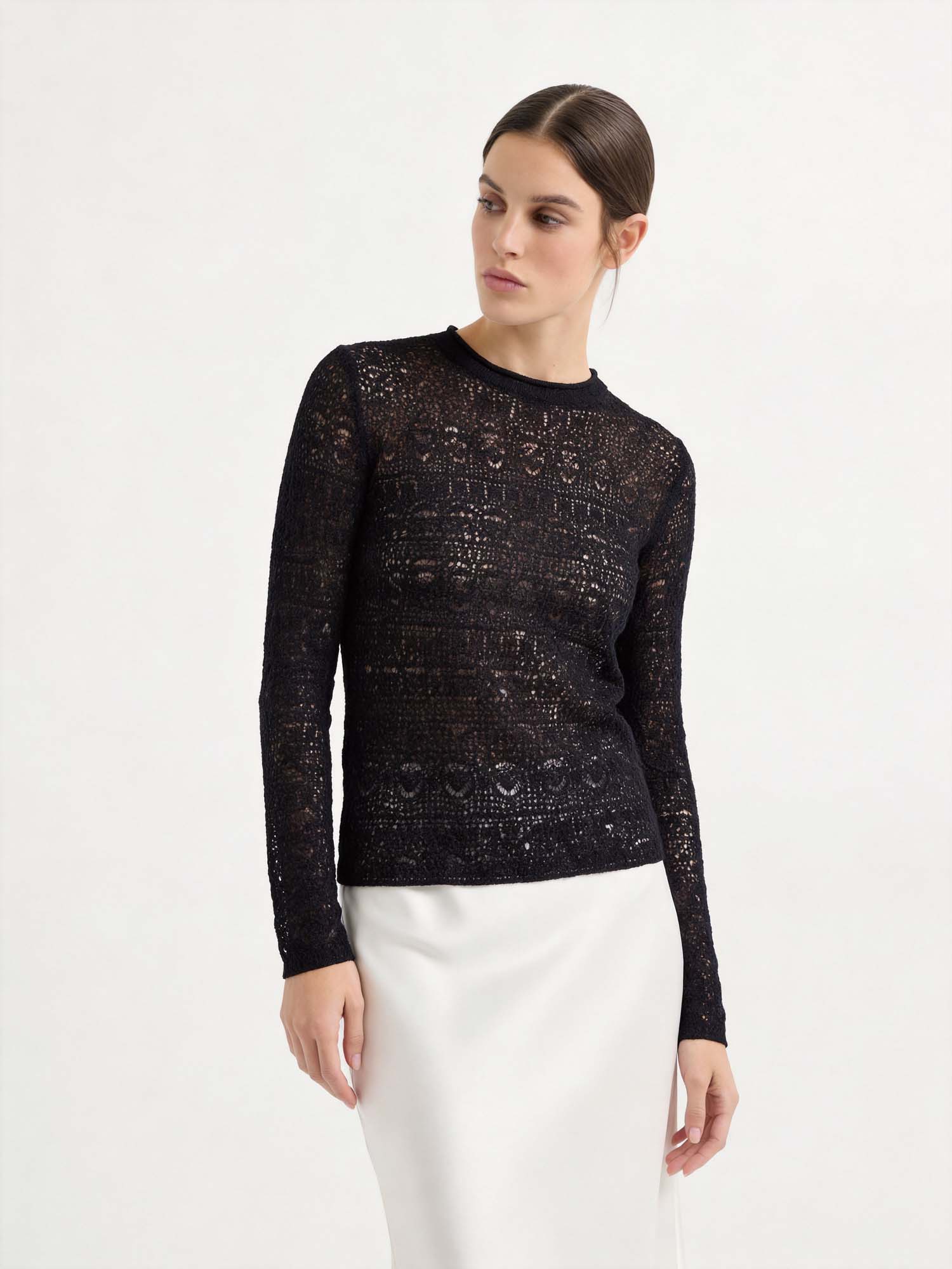 Black Wool-Silk Lace Long Sleeve Knit Sweater