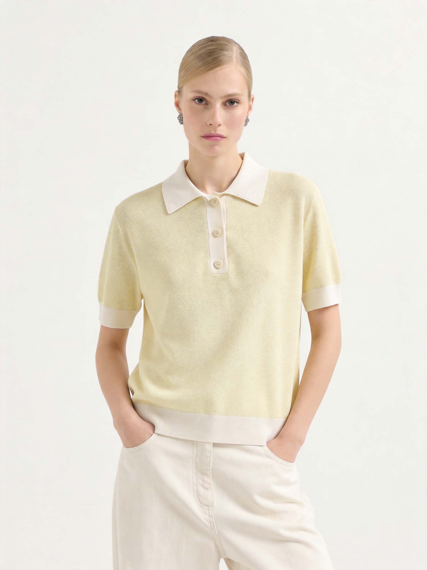 Yellow Cotton Knit Polo Sweater