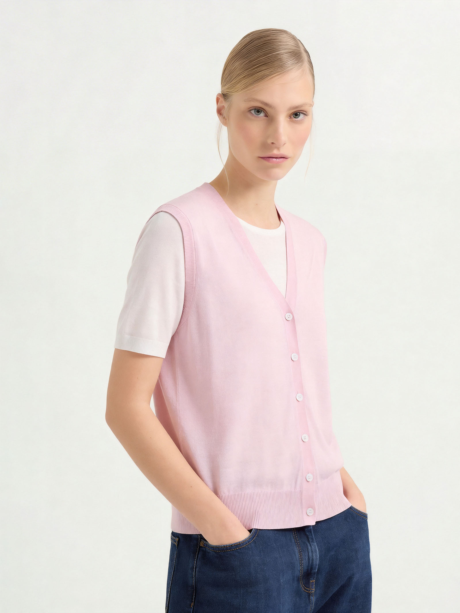 Silk Short Sleeve Knit Faux Two-Piece Cardigan – Luxurious Lightweight Silk Layered Look