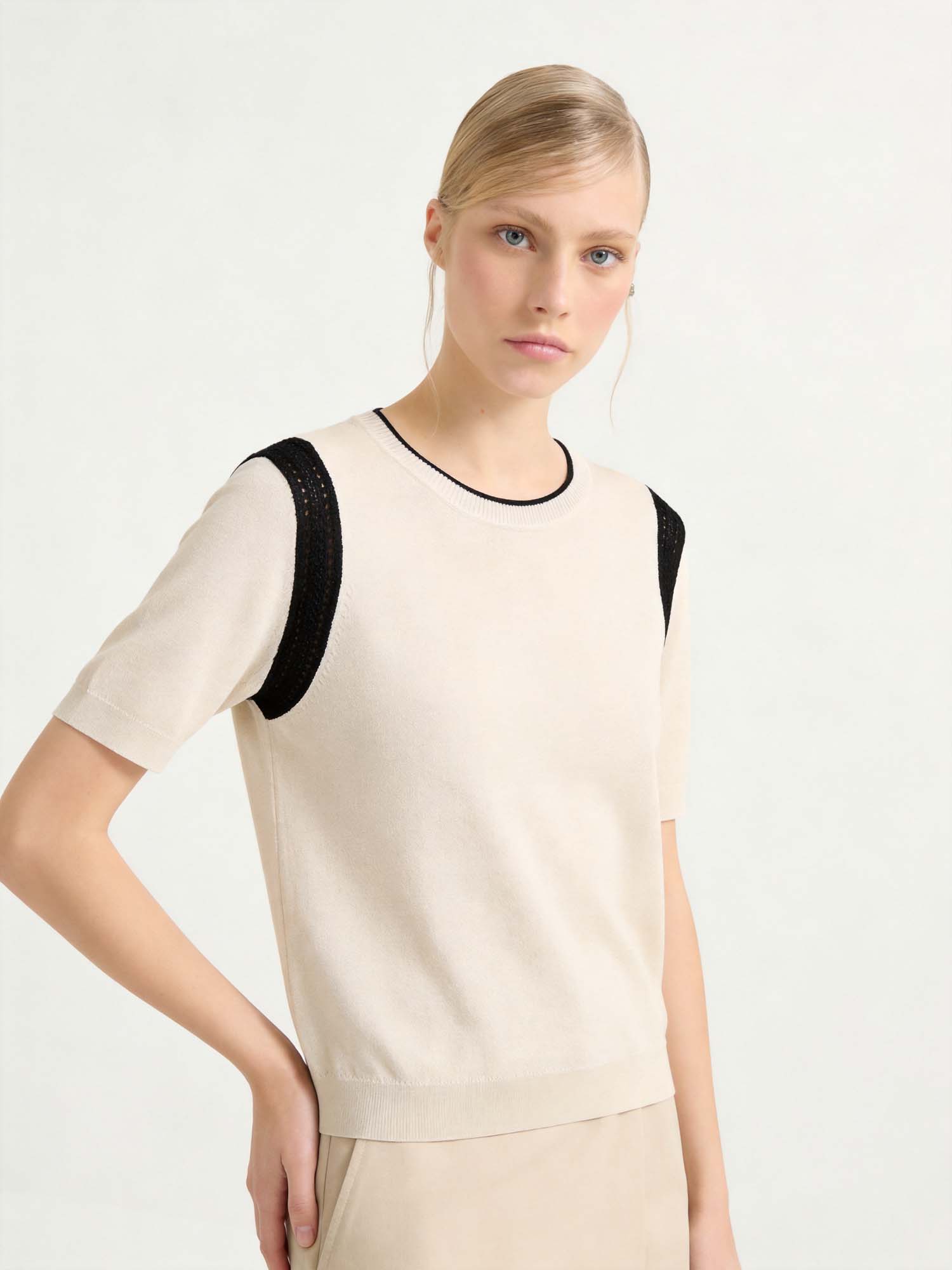Beige Wool-Silk Knit Sweater with Hollow Out Shoulders