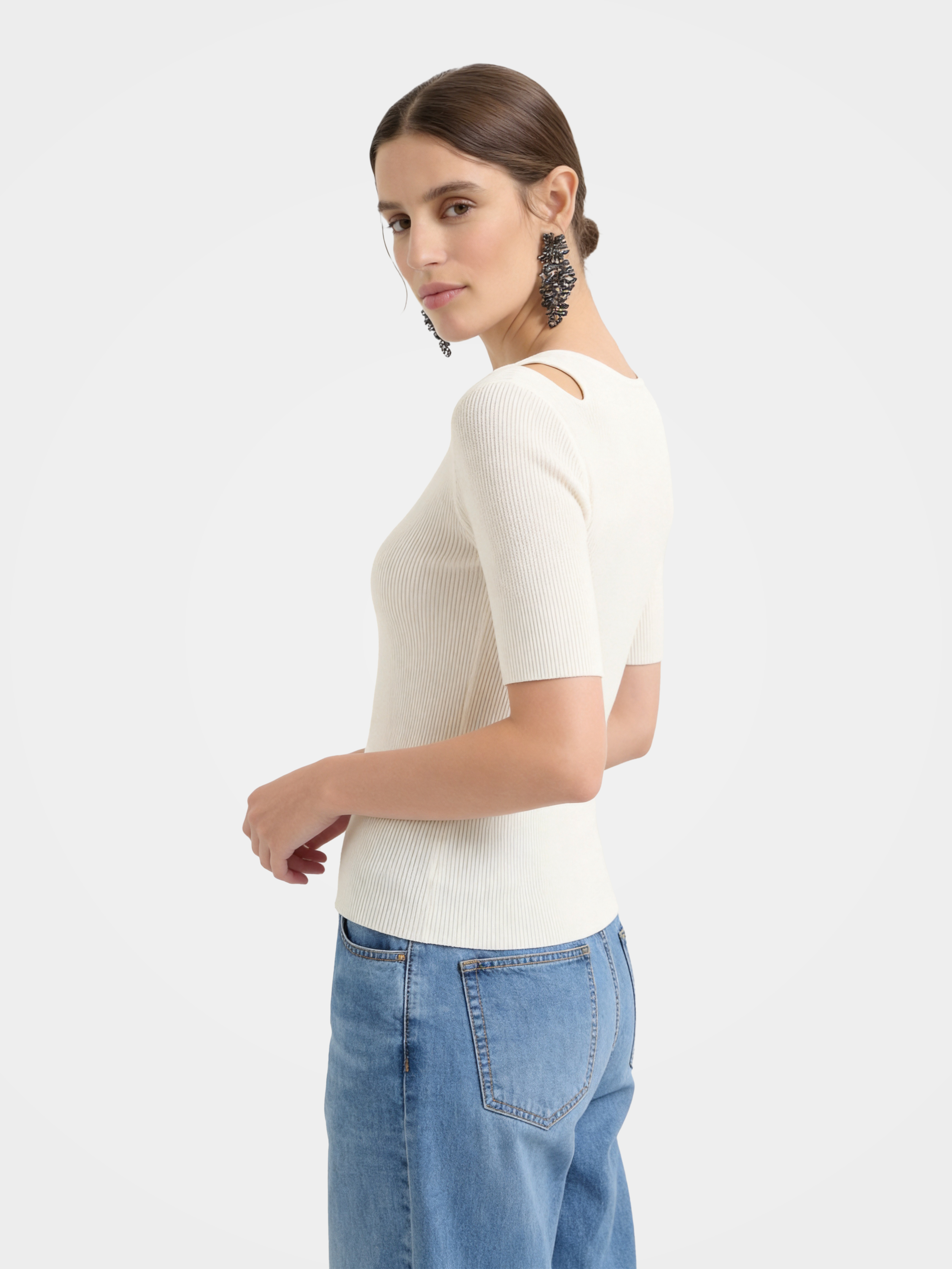Beige Wool-Silk V-Neck Knit Top