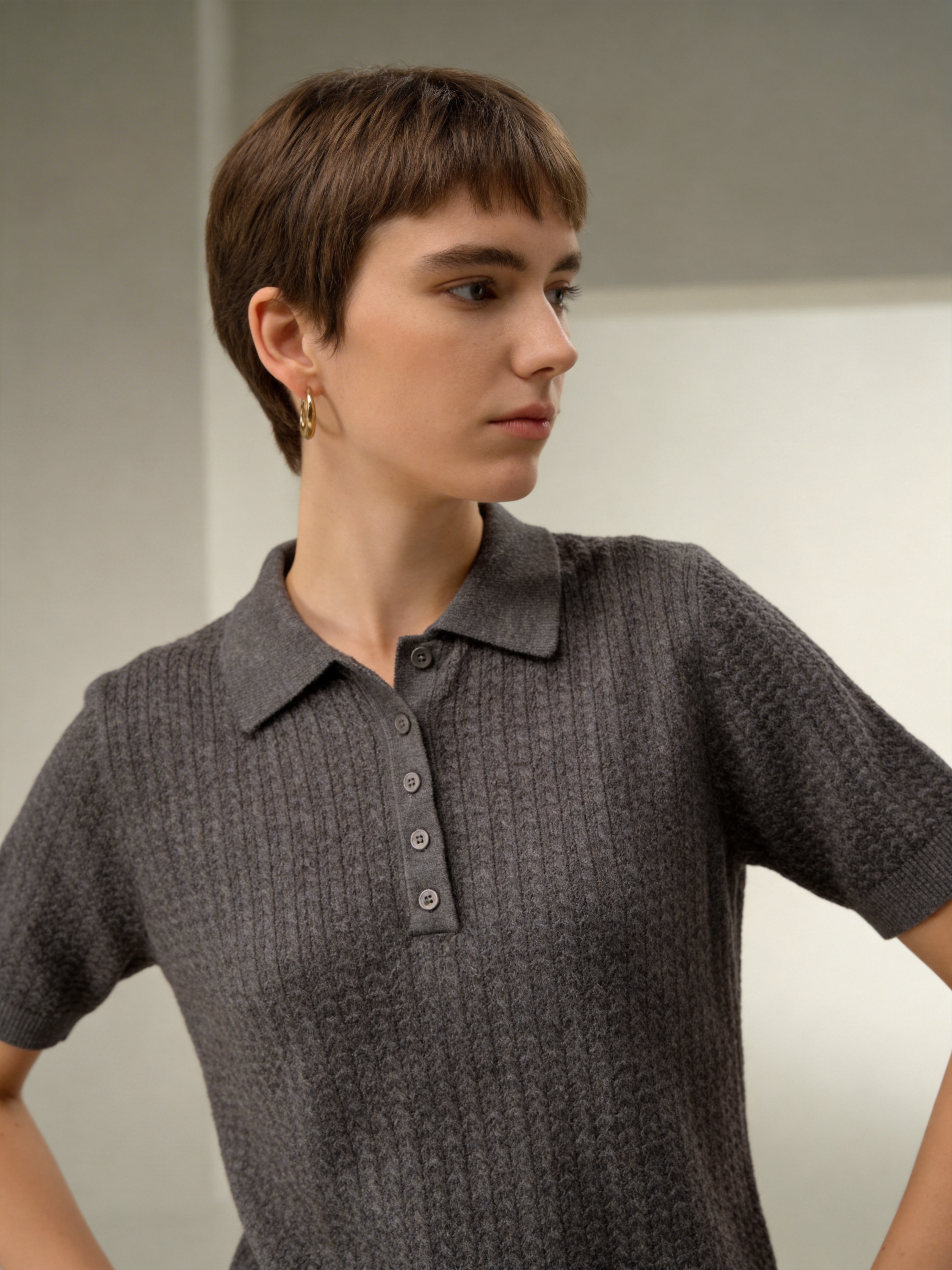 Wool Short Sleeve Knit Polo Top