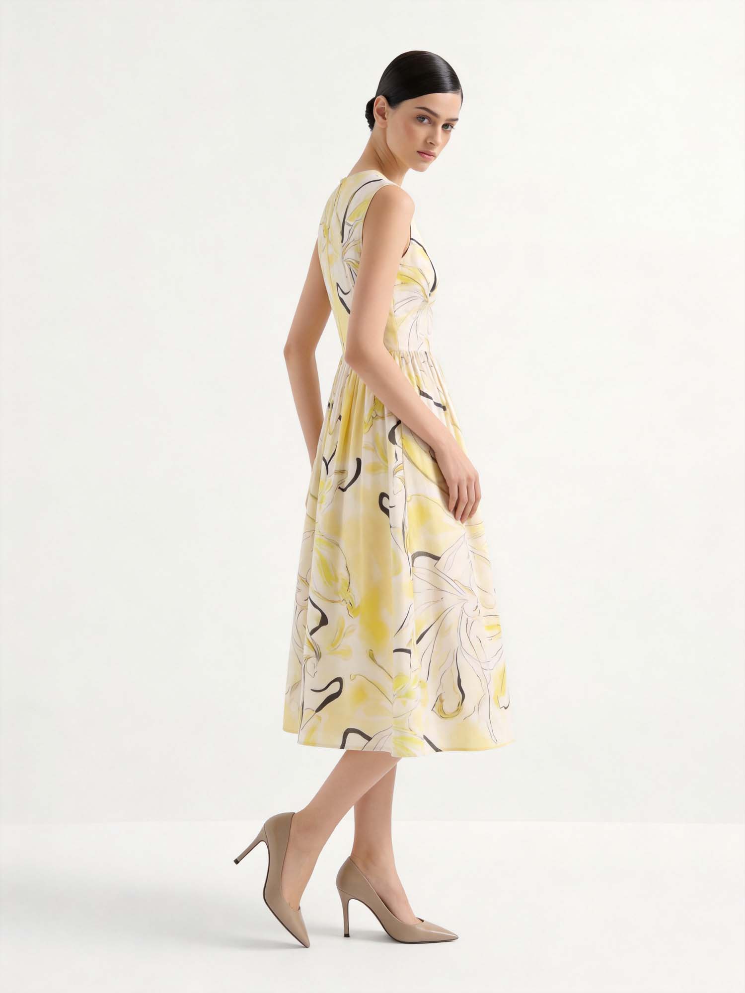 Yellow Linen Crew Neck Print Midi Dress