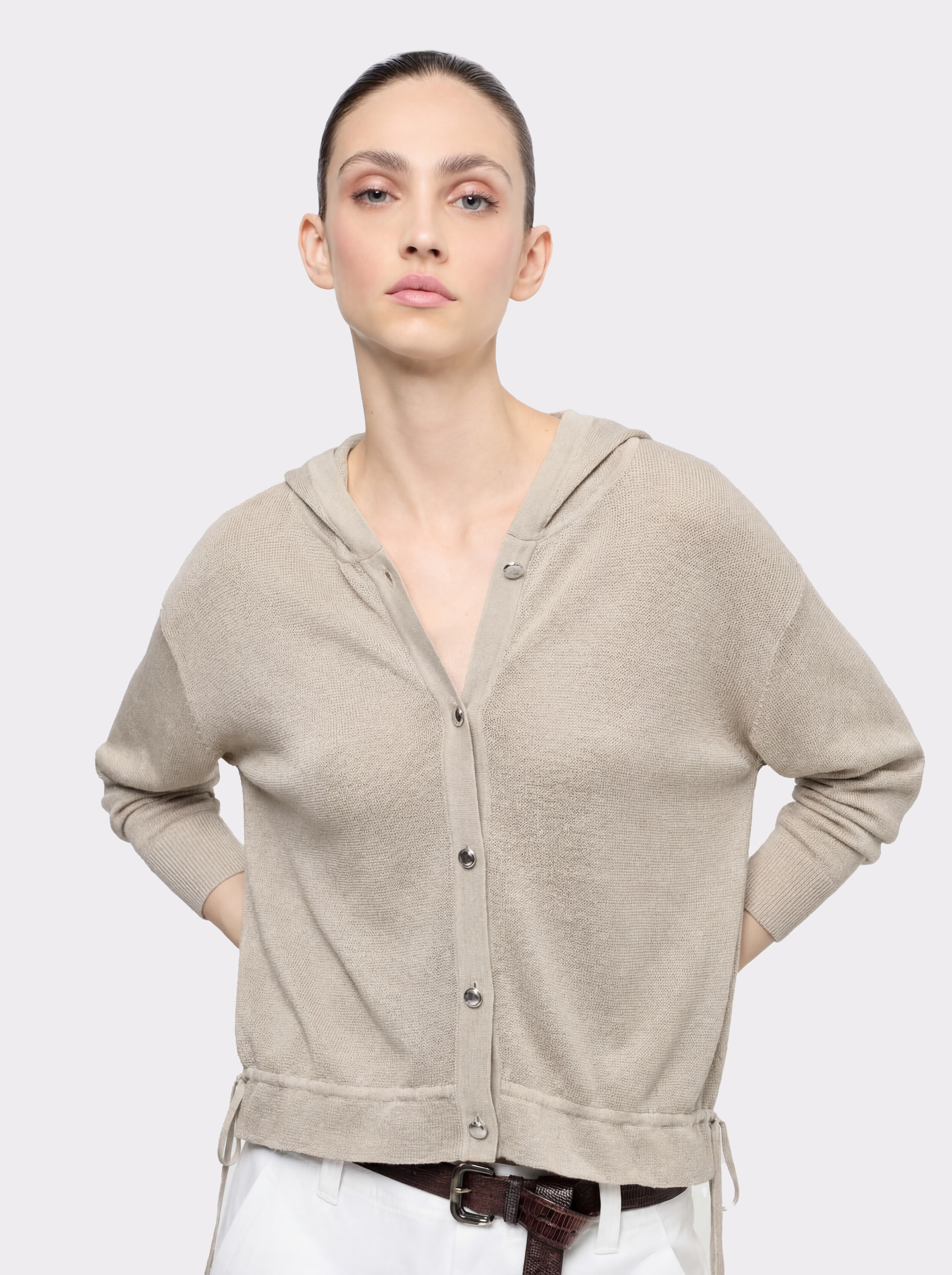 Beige Tencel Long Sleeve Hoodie Knit Cardigan