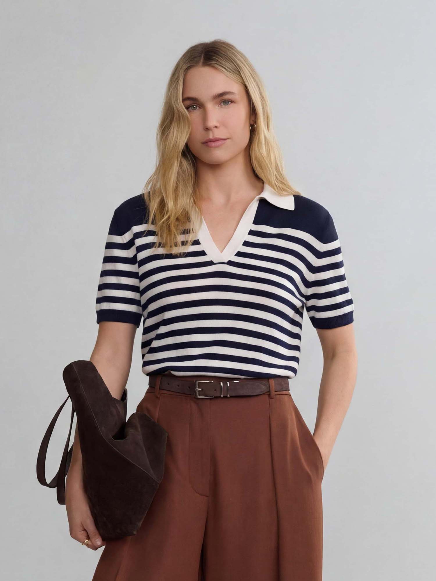 Navy Tencel Short Sleeve Stripe Knit Polo Sweater
