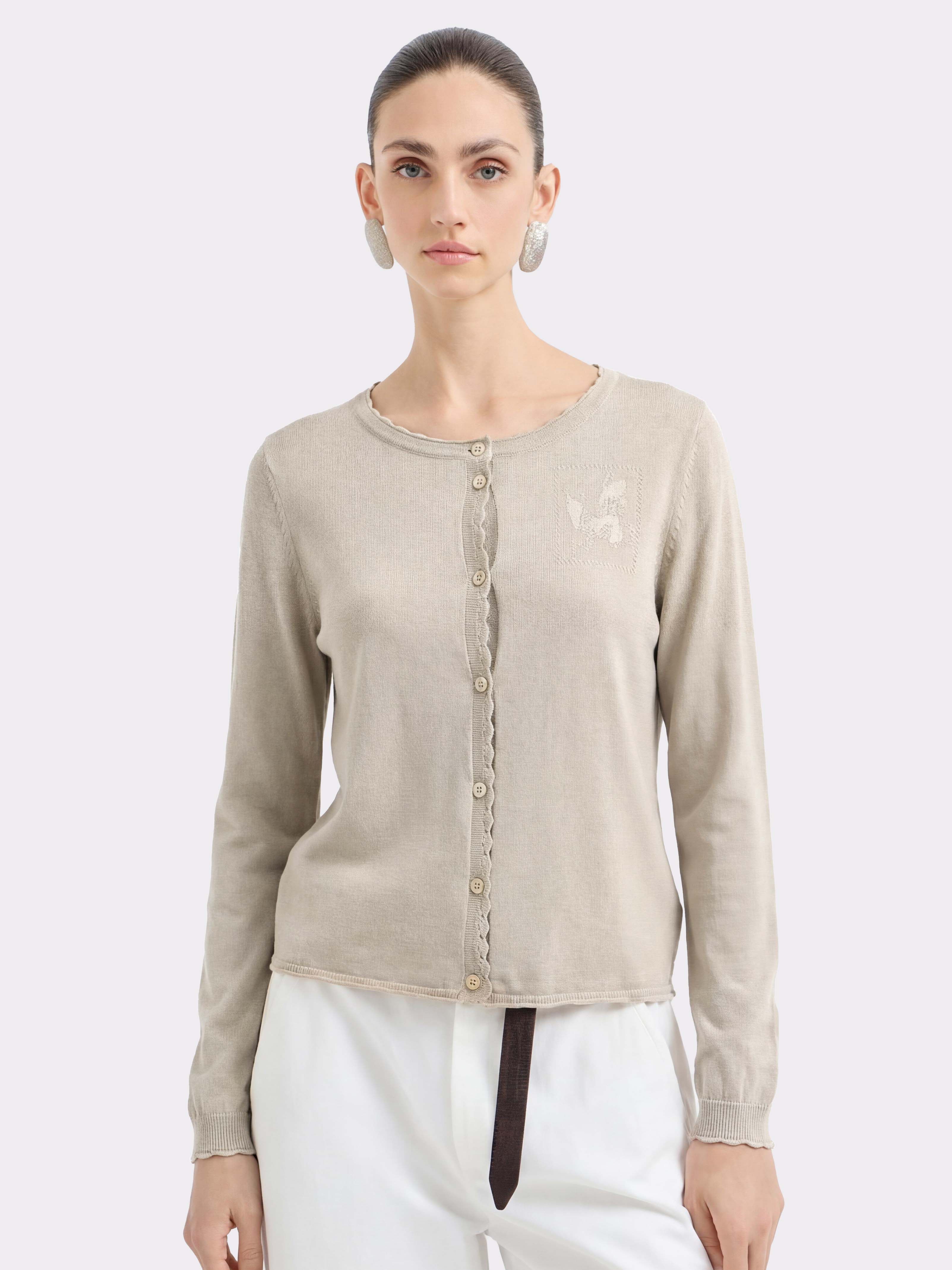 Beige Tencel Long Sleeve Knit Cardigan