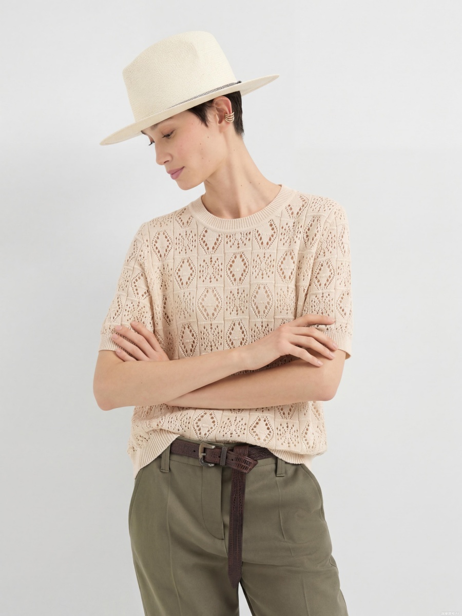 Cotton Short Sleeve Jacquard Knit Top
