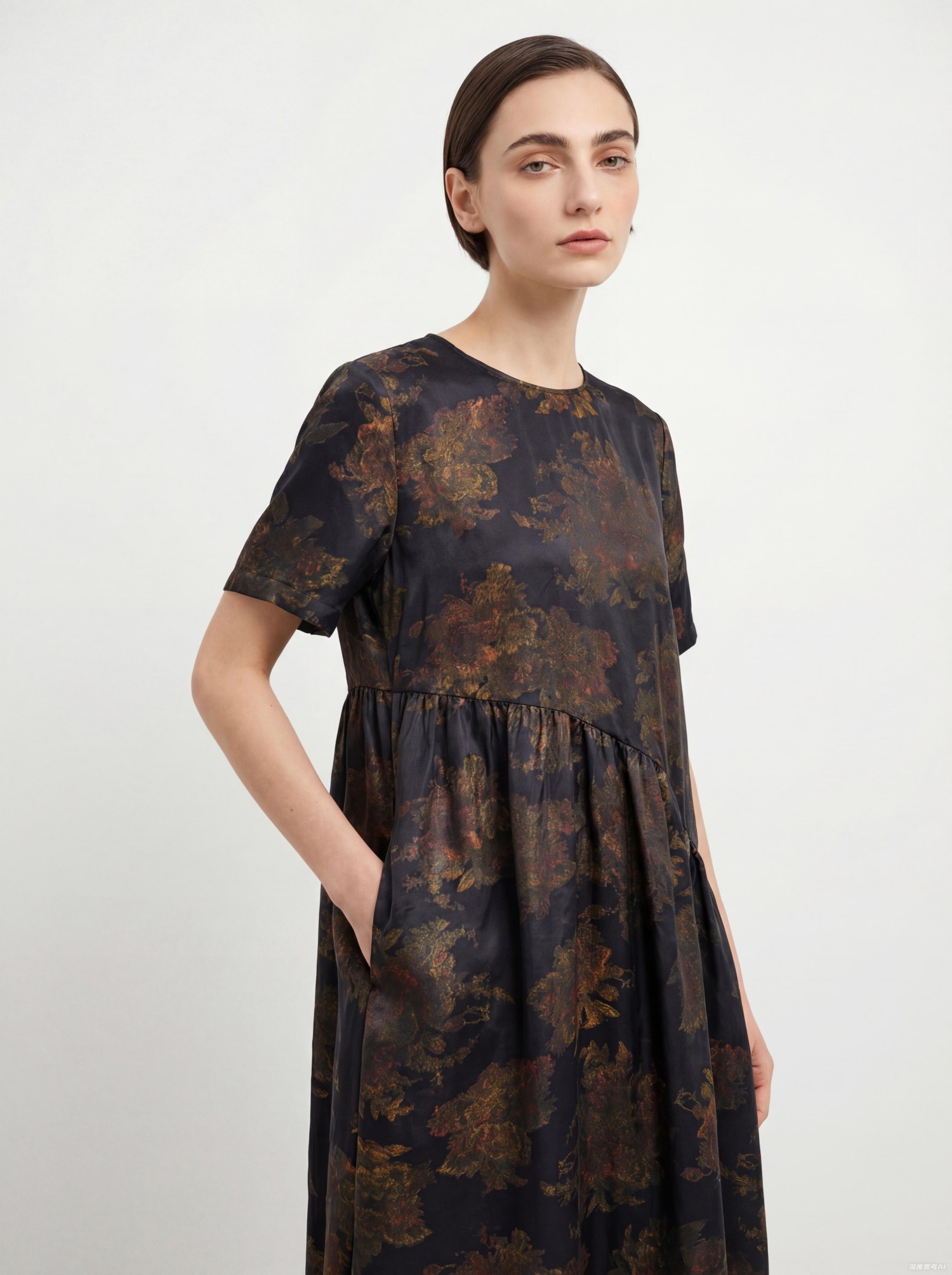 Navy Silk Floral Print Midi Dress