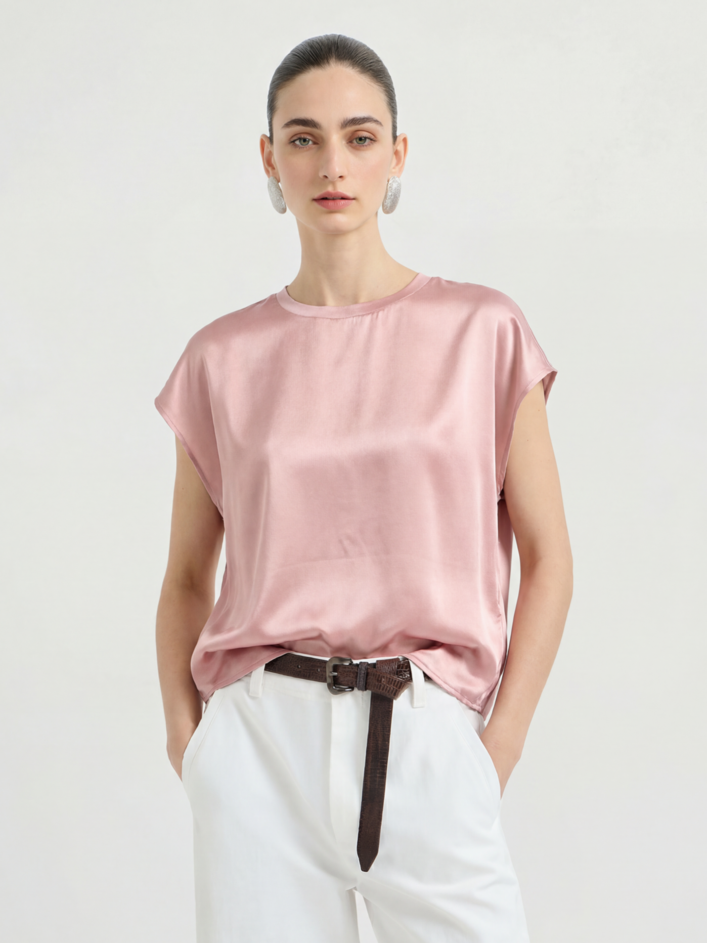 Pink Silk Short Sleeve Blouse Top
