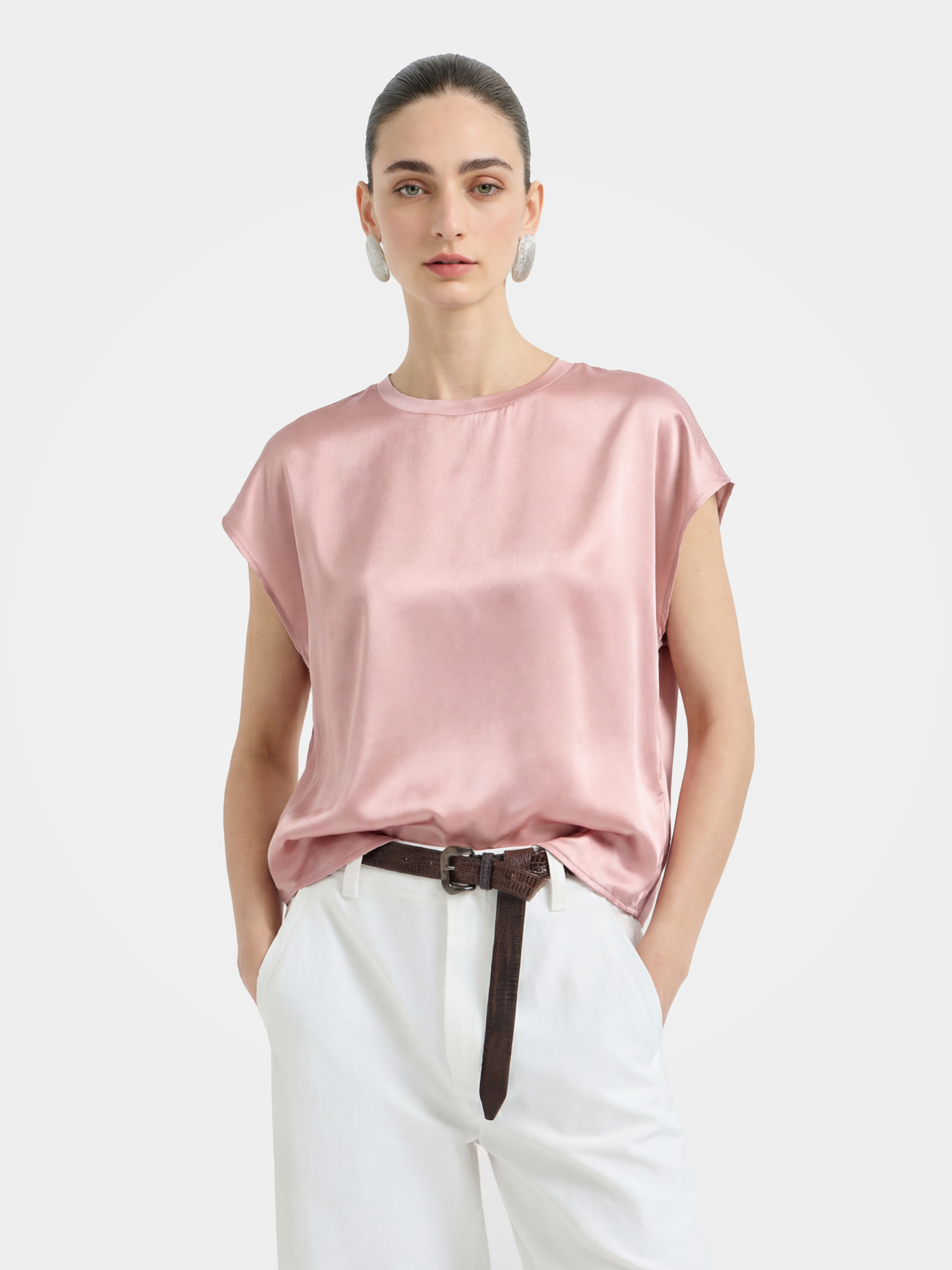 Smooth Cooling Silk Blend Satin Cap Sleeve Blouse