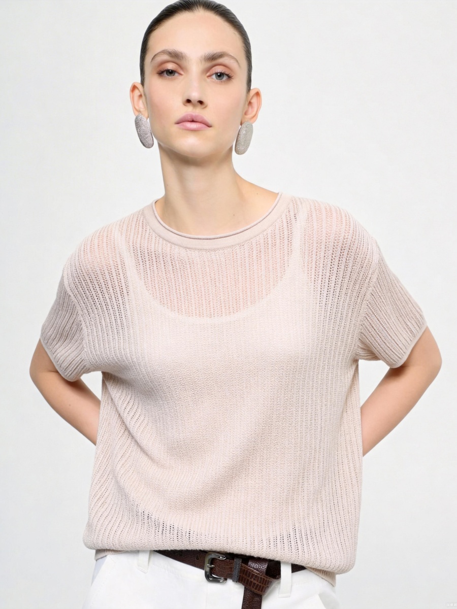 Cotton Short Sleeve Crew Neck Knit Top