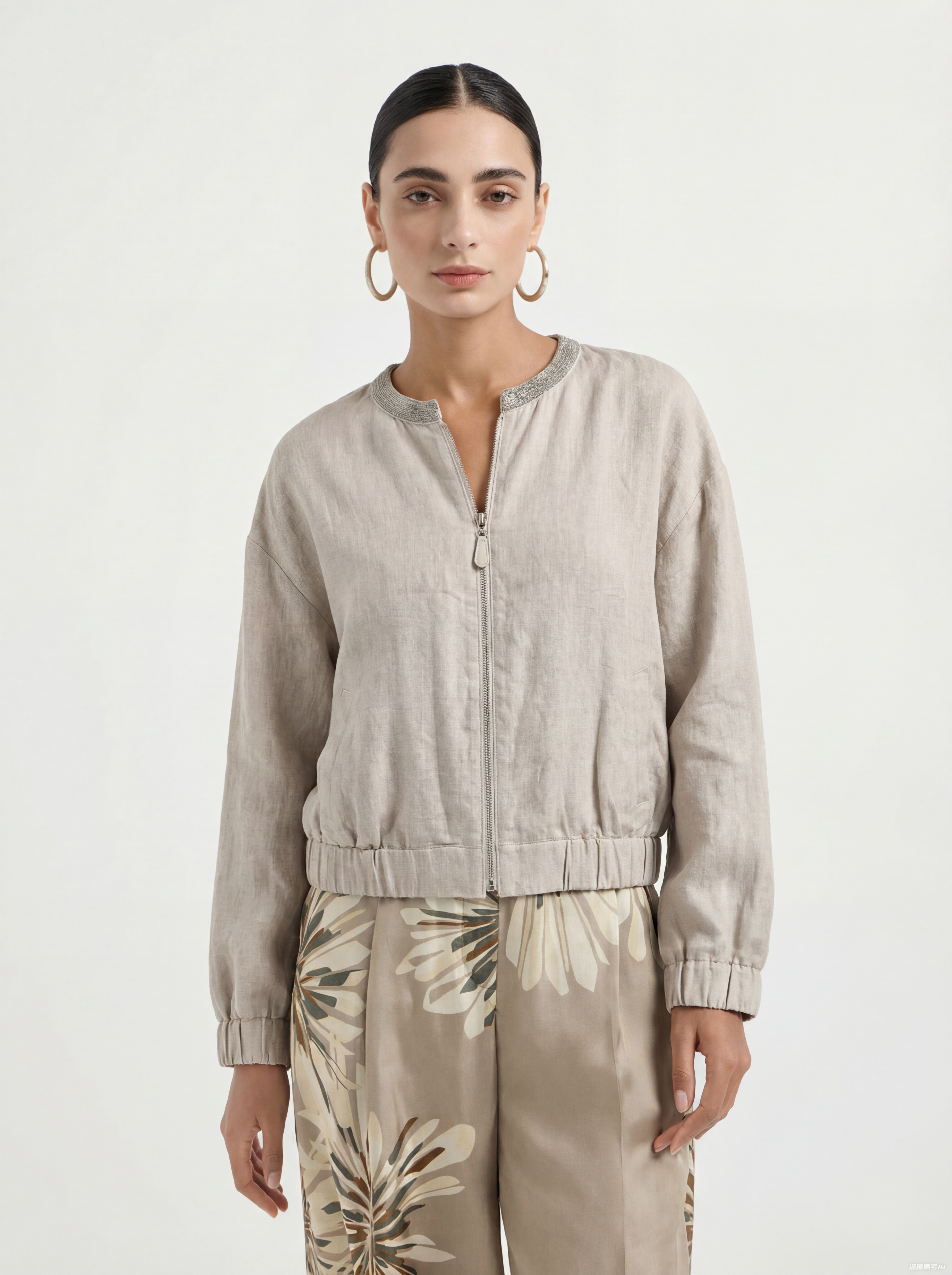 Khaki Linen Zip up Jacket