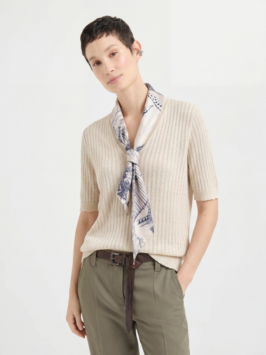 100% Cotton Short Sleeve Silk Scarf Knit Top