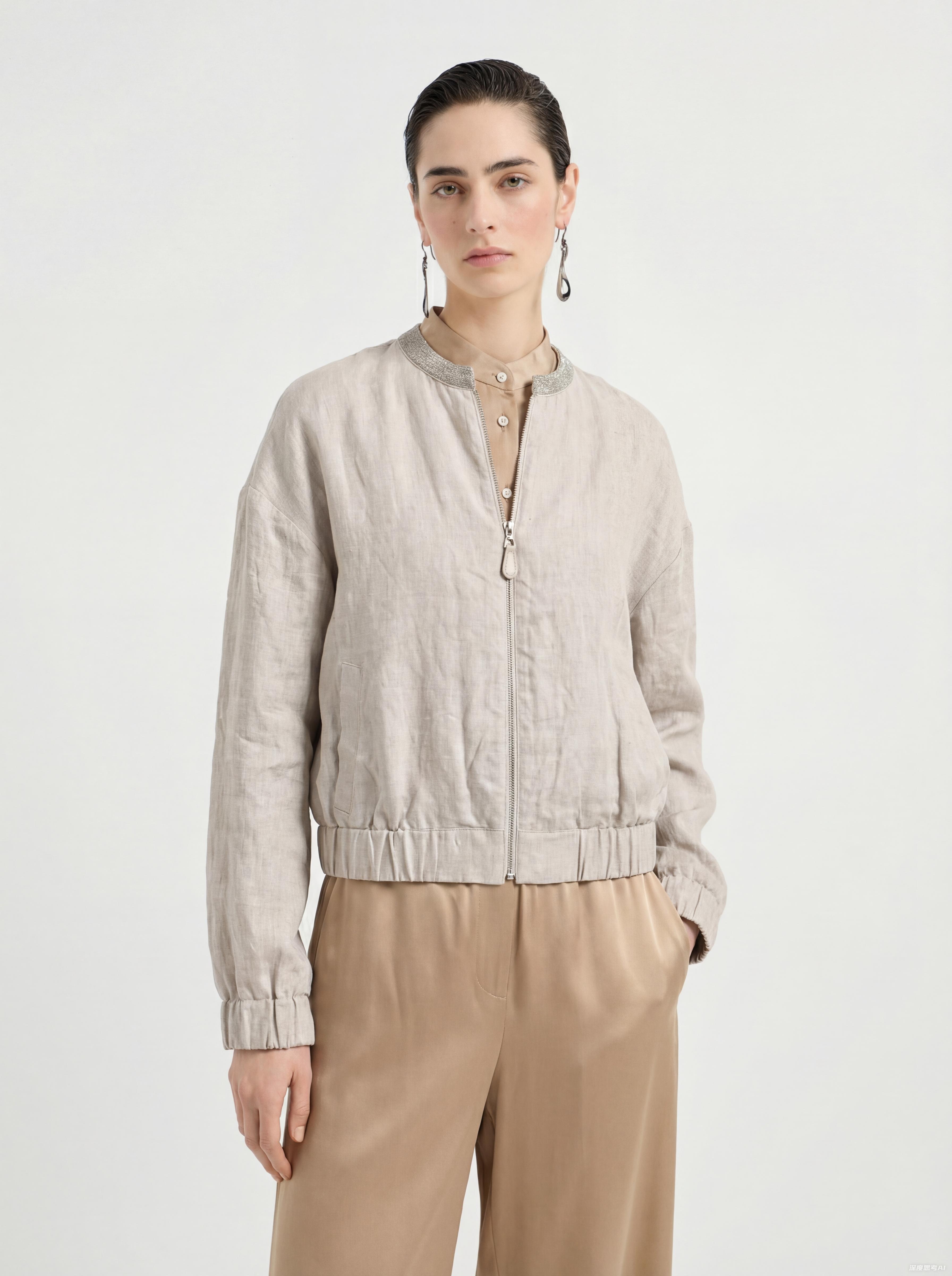 Khaki Linen Zip up Jacket