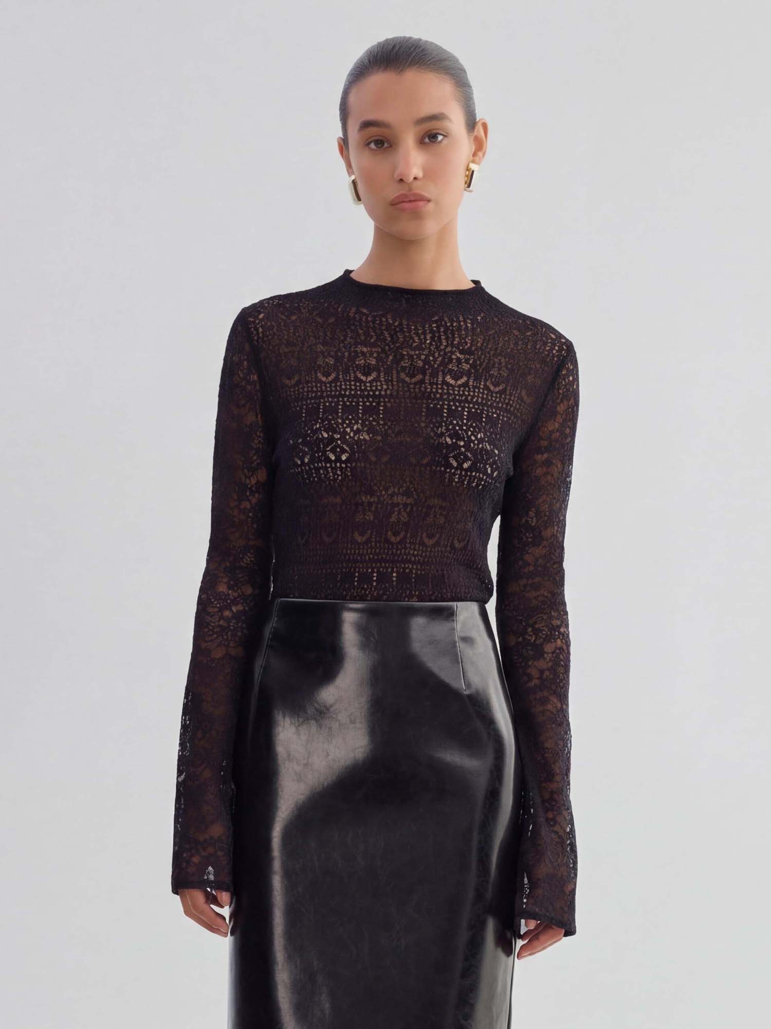 Black Wool-Silk Lace Long Sleeve Knit Sweater