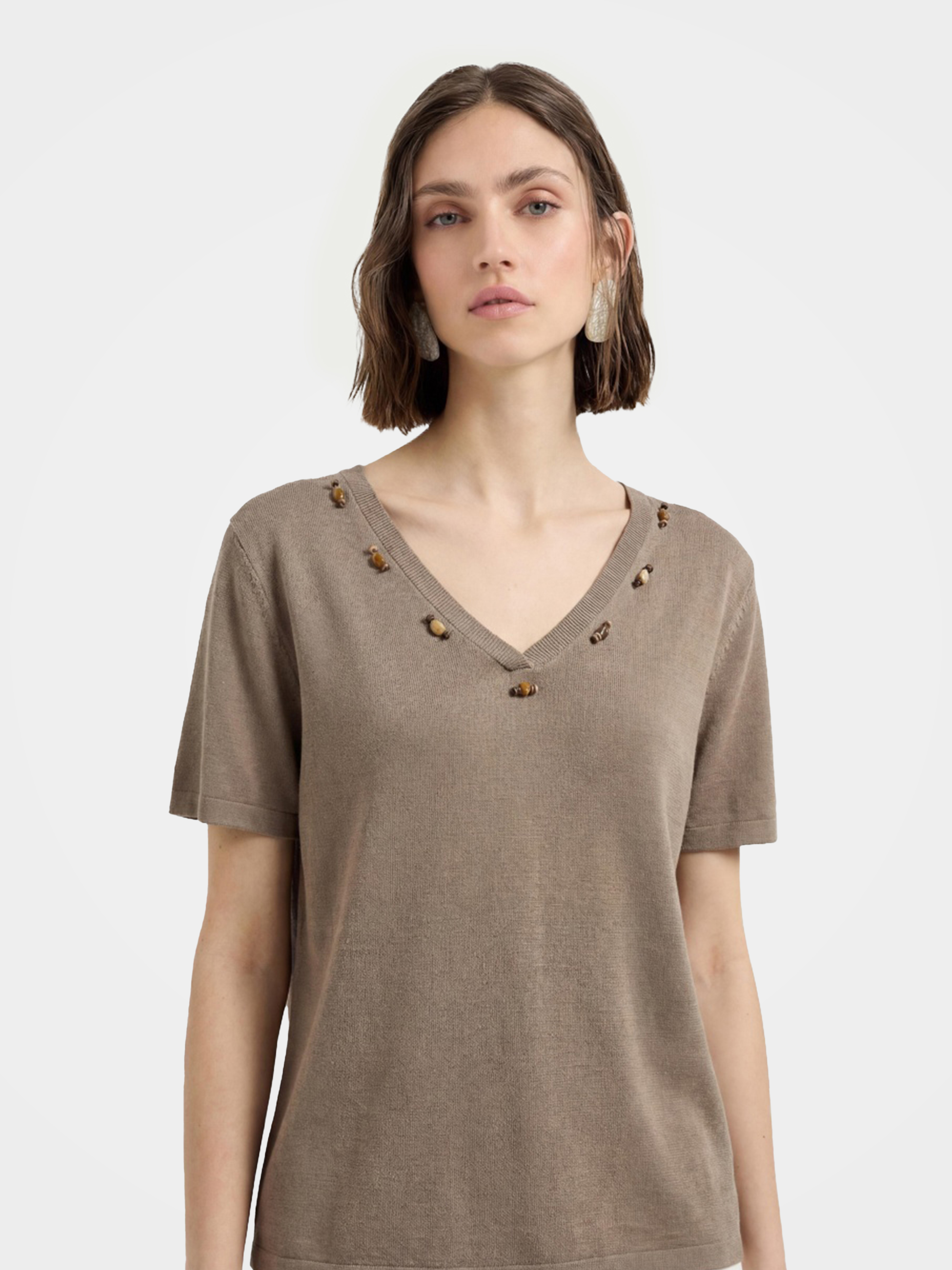 Breathable Cotton Embellished V Neck Knit Tee