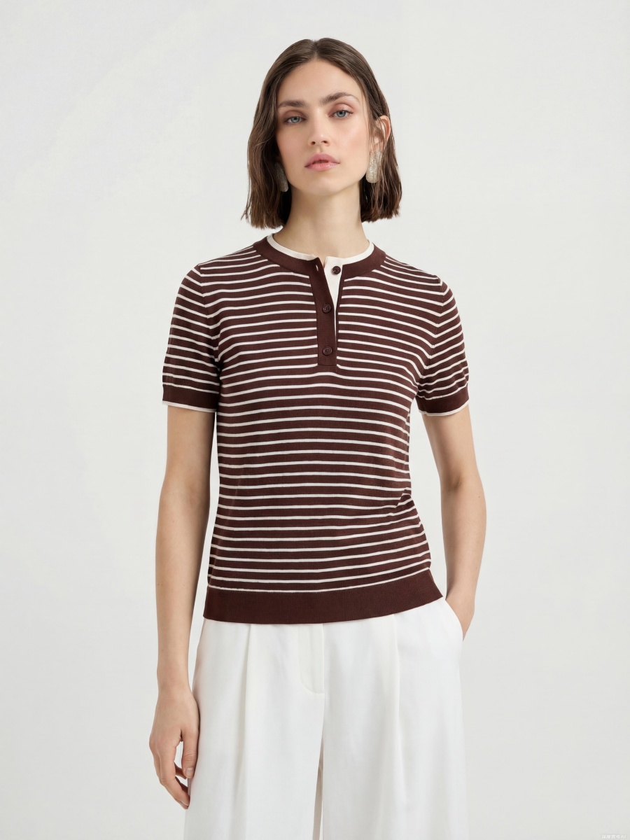 Silk Short Sleeve Stripe Knit Faux Two-Piece Top