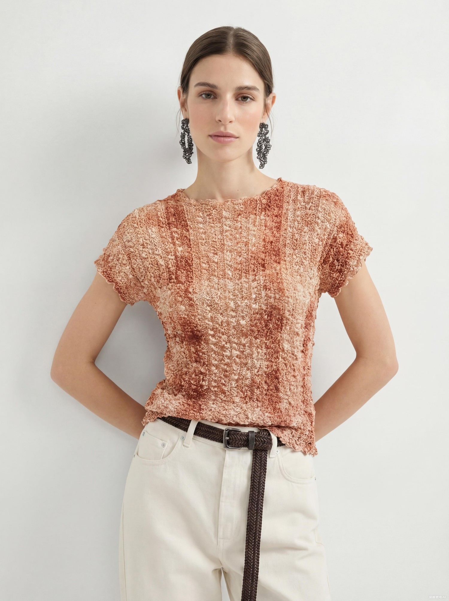 Red Silk Crinkled Colorblock Knit Sweater