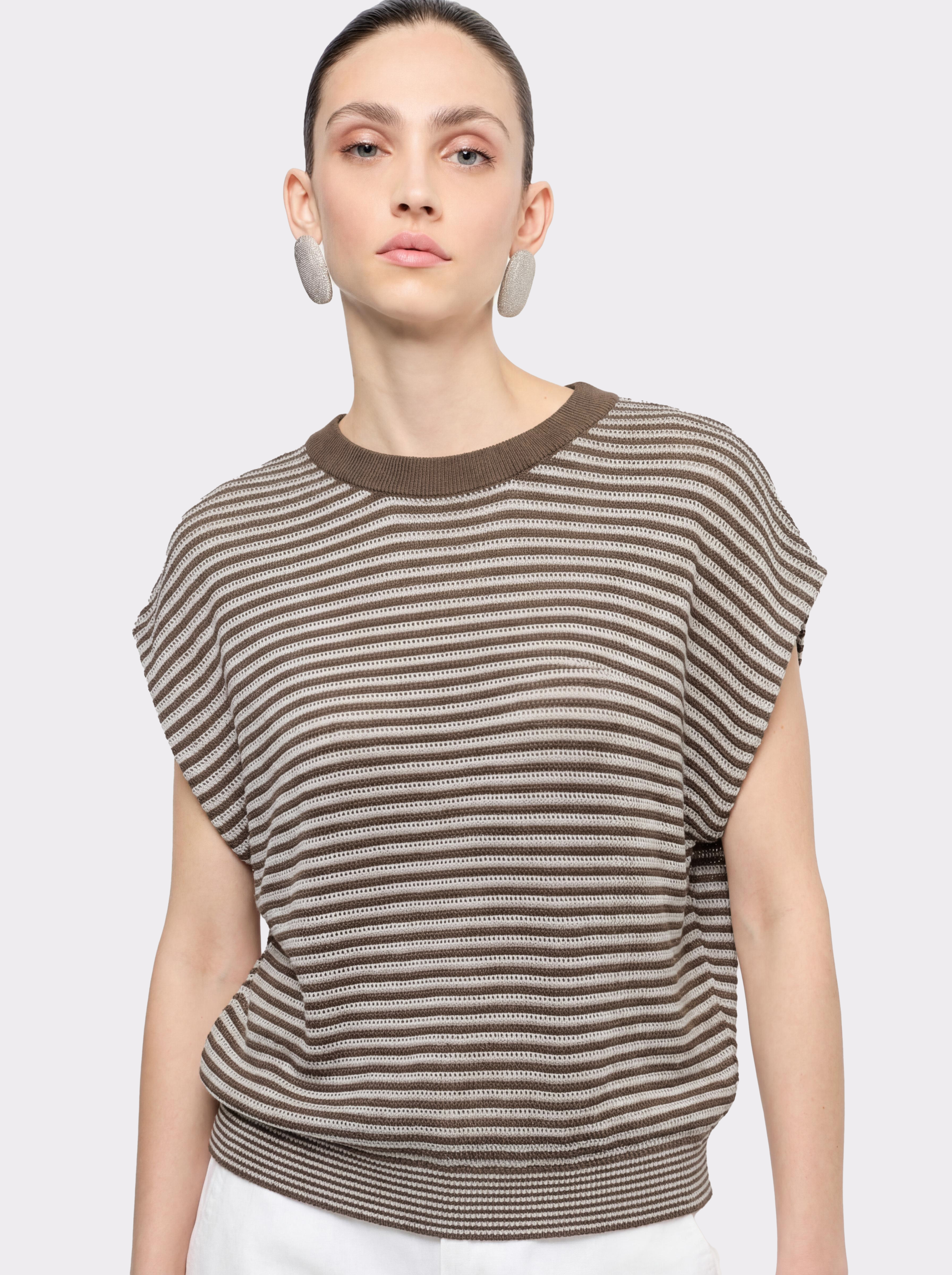 Brown Tencel Stripe Cap Sleeve Knit Sweater