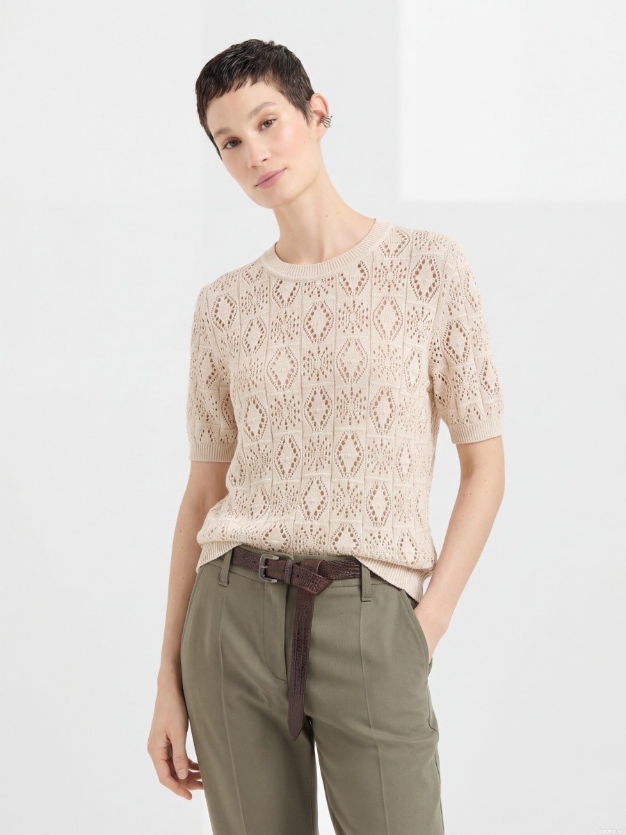 Cotton Short Sleeve Jacquard Knit Top – Textured Jacquard Pattern