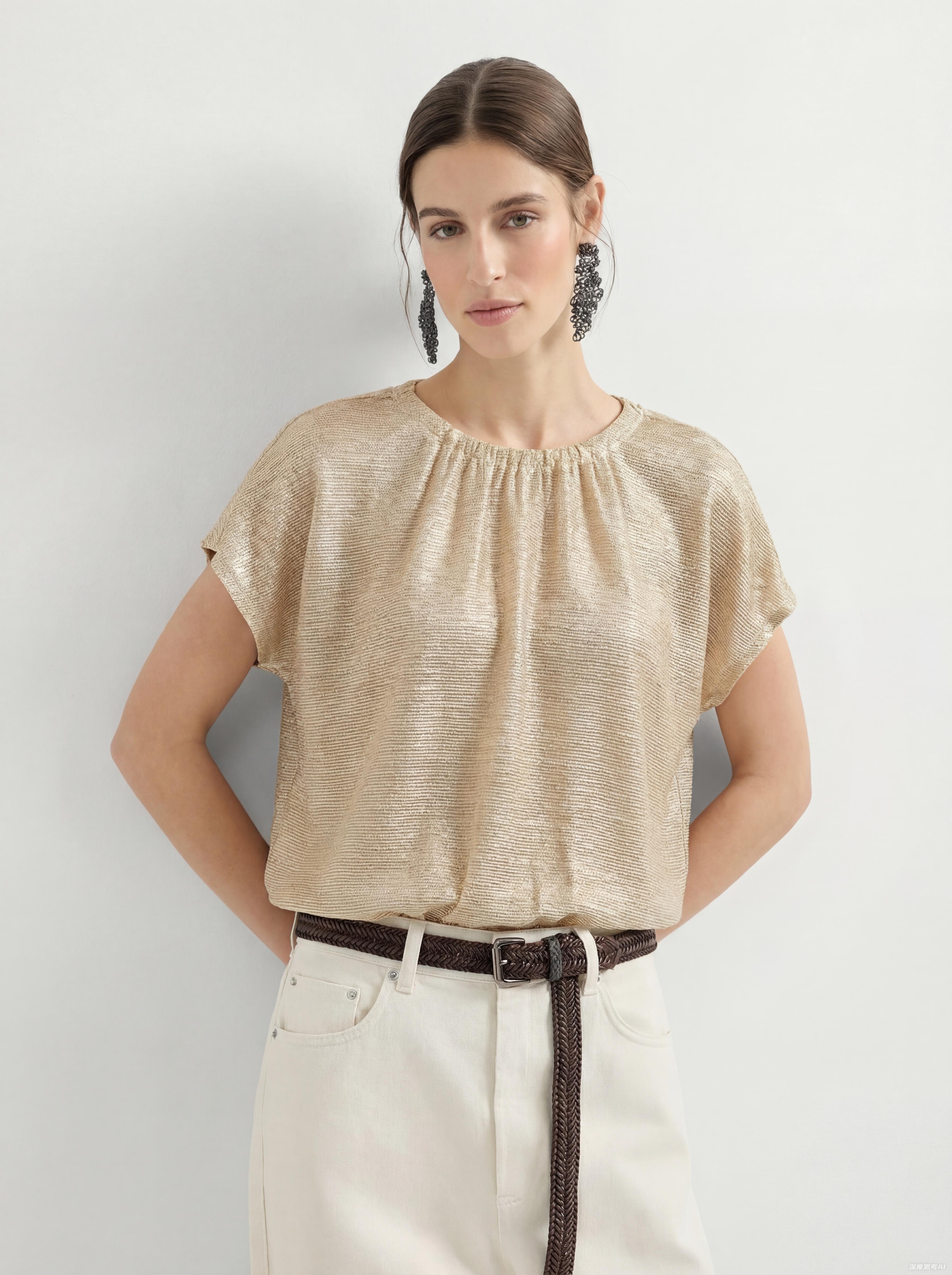 Beige Silk Drawstring Knit Sweater