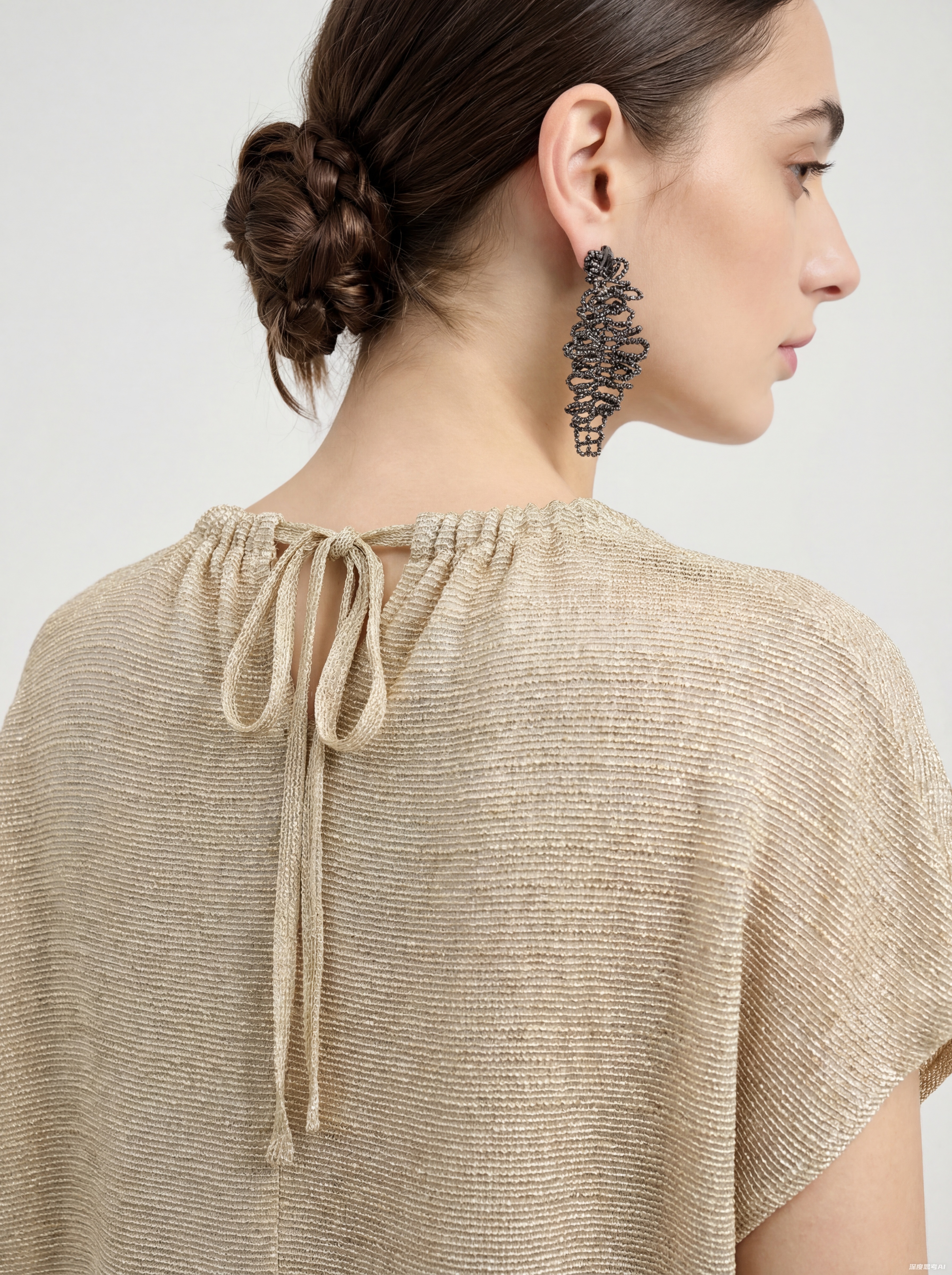 Beige Silk Drawstring Knit Sweater