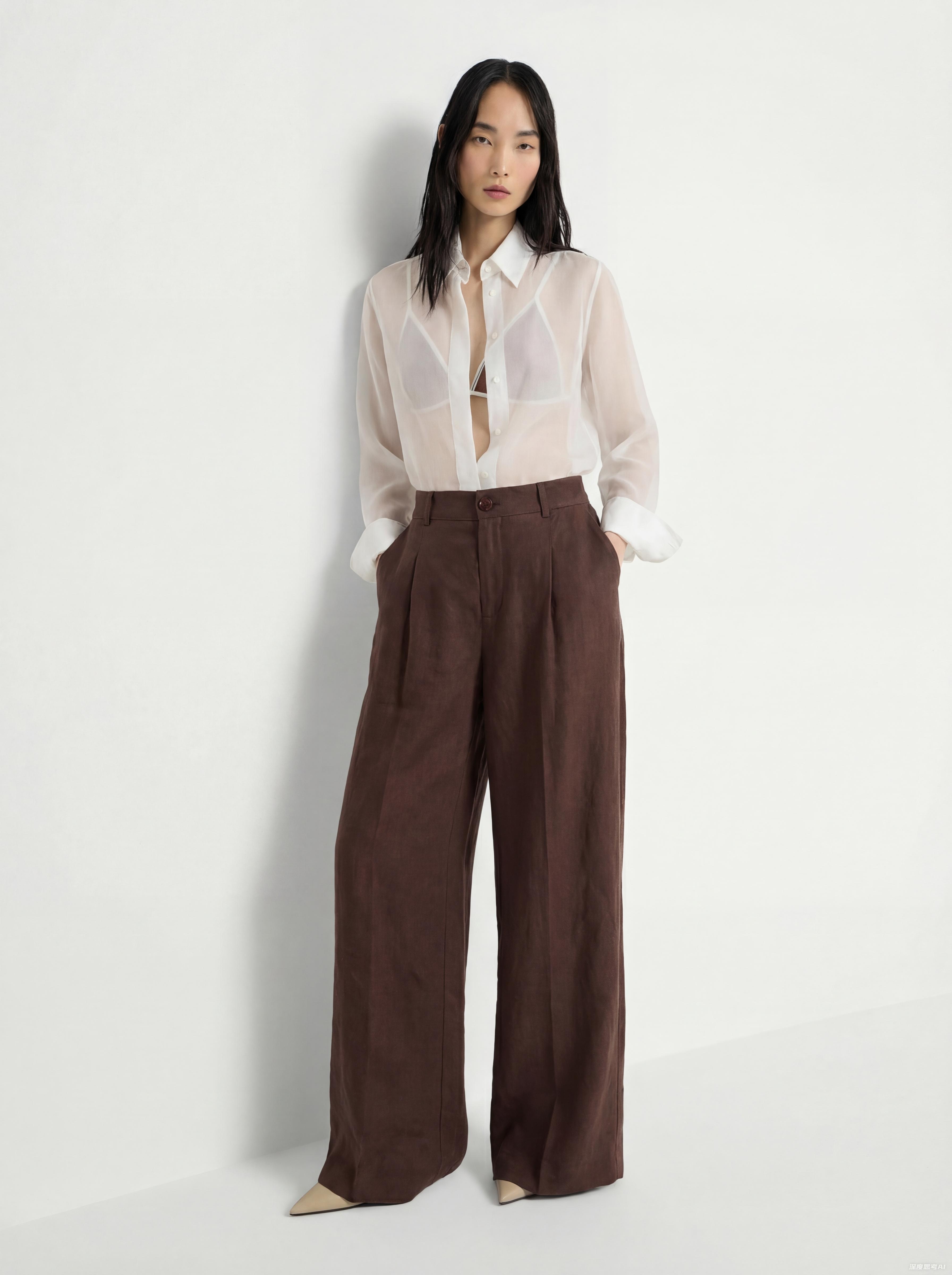 Brown Linen Wide Leg Pant 