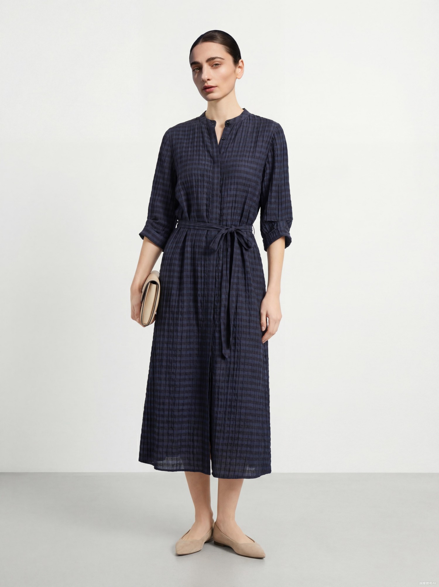 Navy Silk Plaid Print Midi Dress
