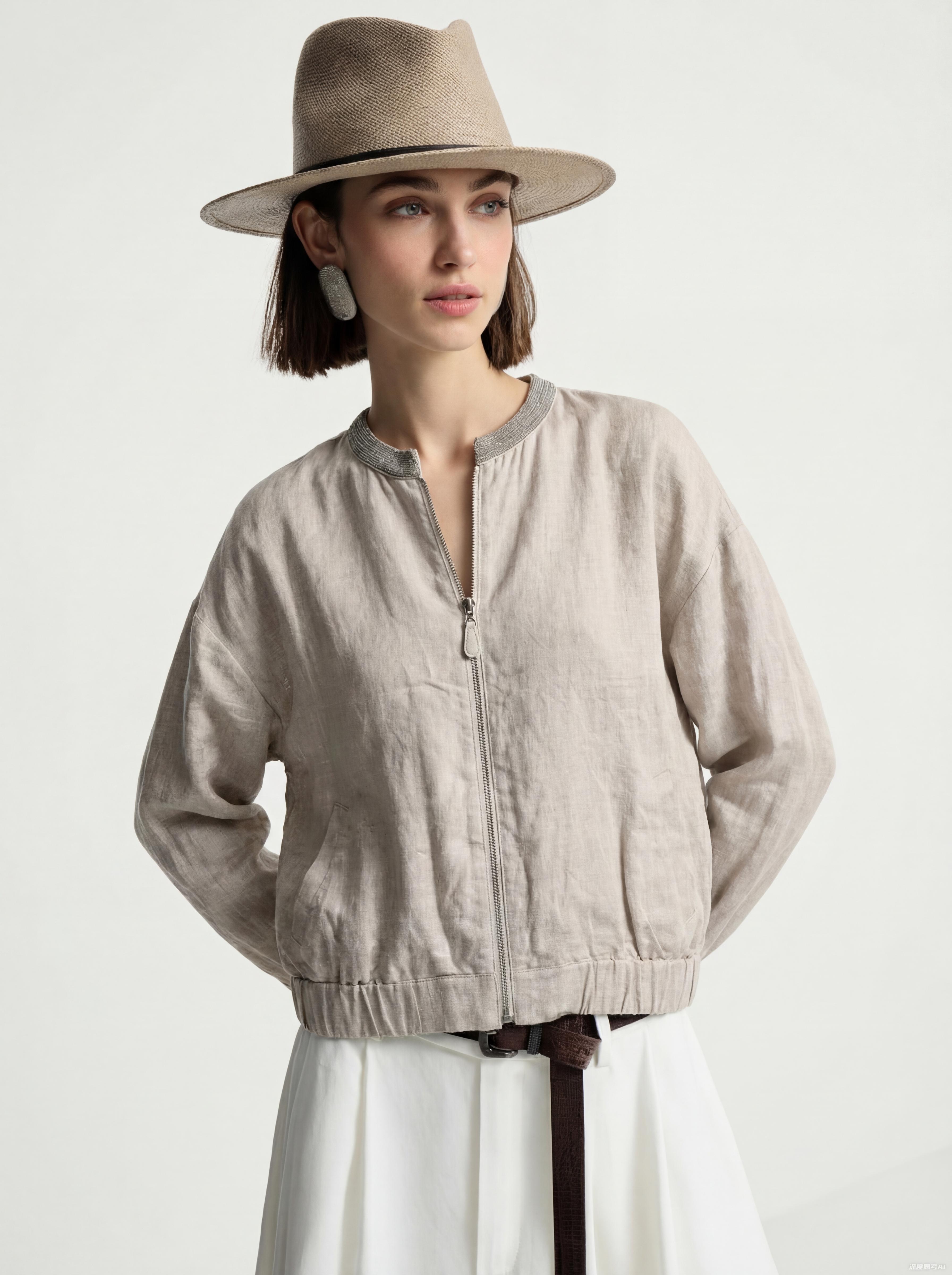 Khaki Linen Zip up Jacket