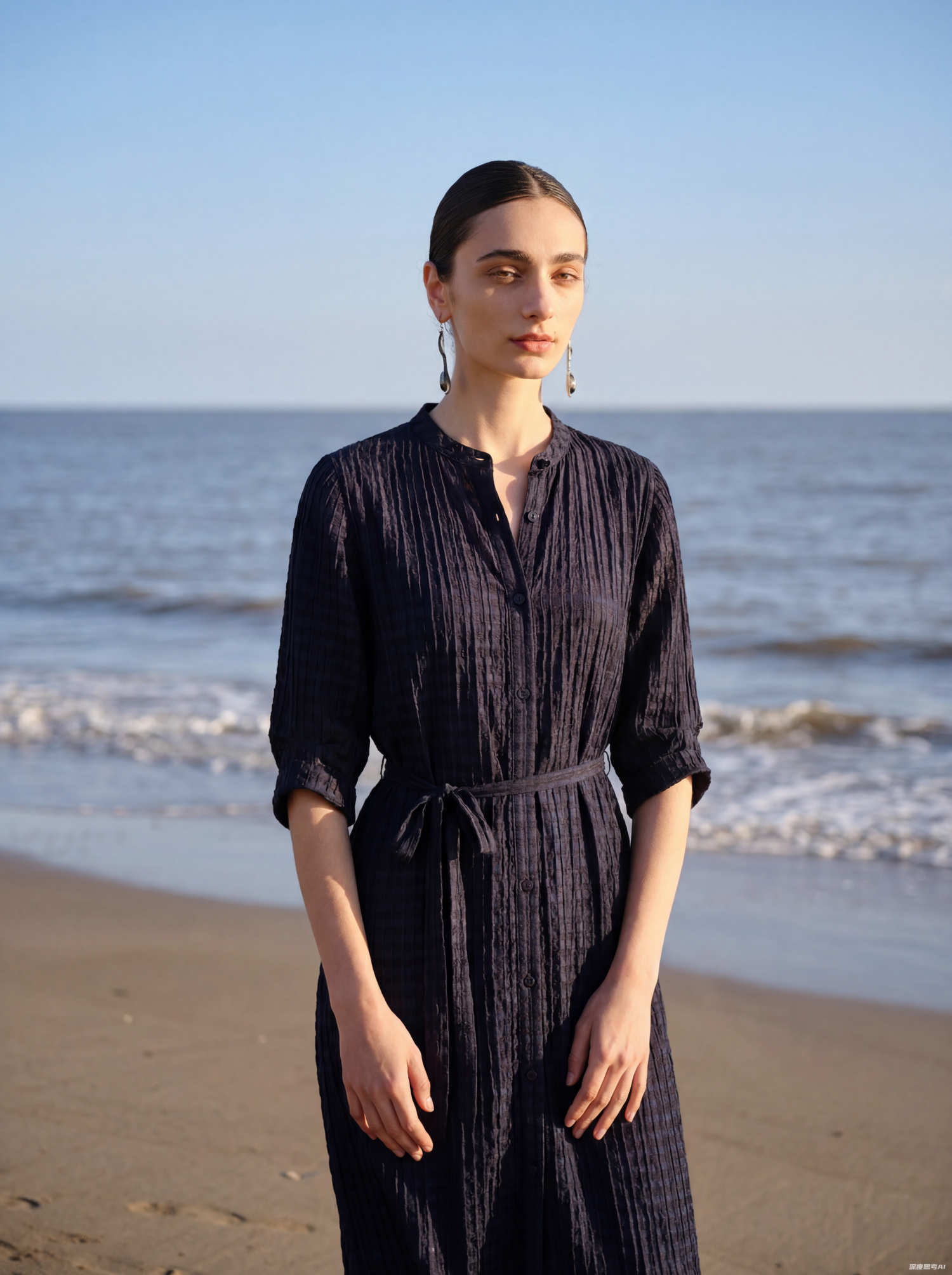 Navy Silk Plaid Print Midi Dress