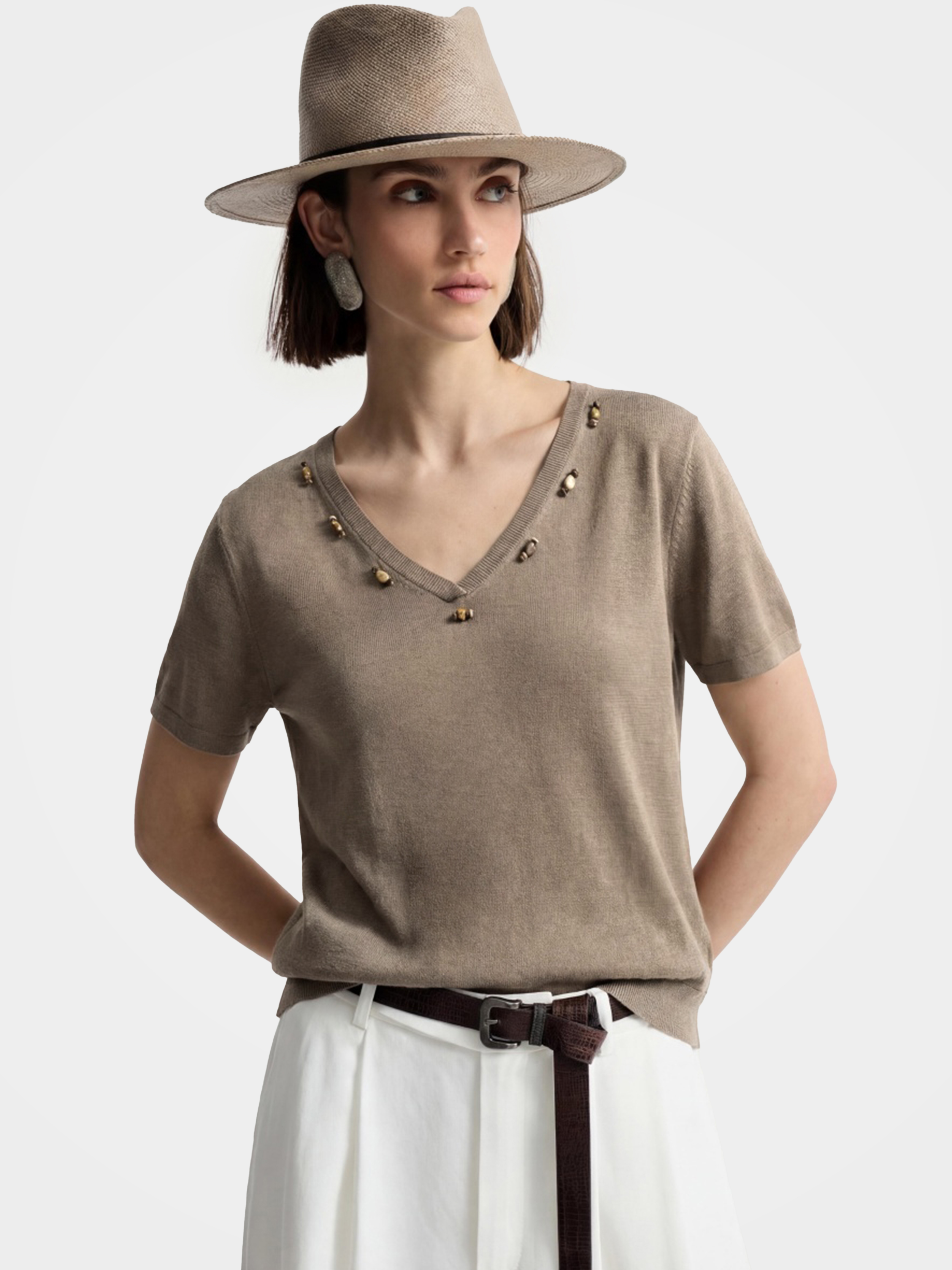 Breathable Cotton Embellished V Neck Knit Tee