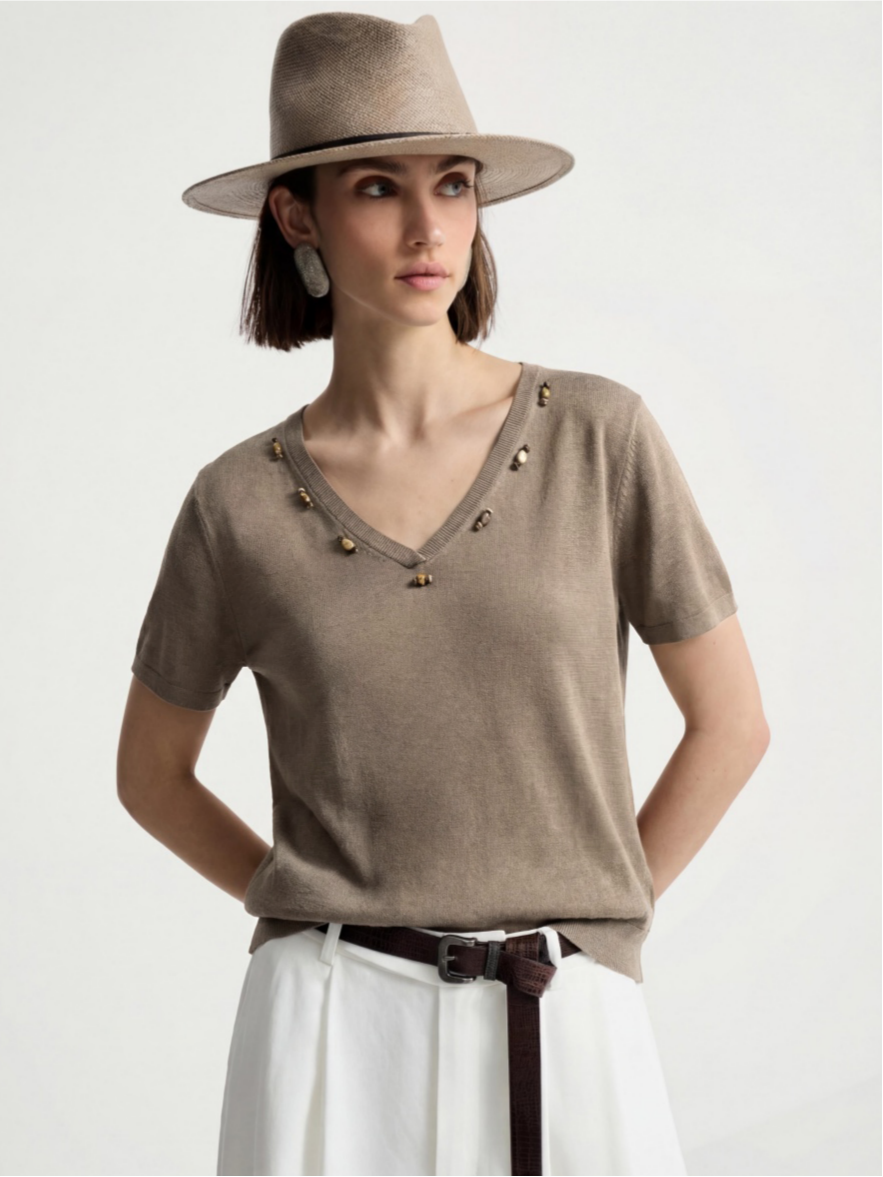 100% Cotton Short Sleeve Stone-Embellished Knit Top – with Stylish Stone Details