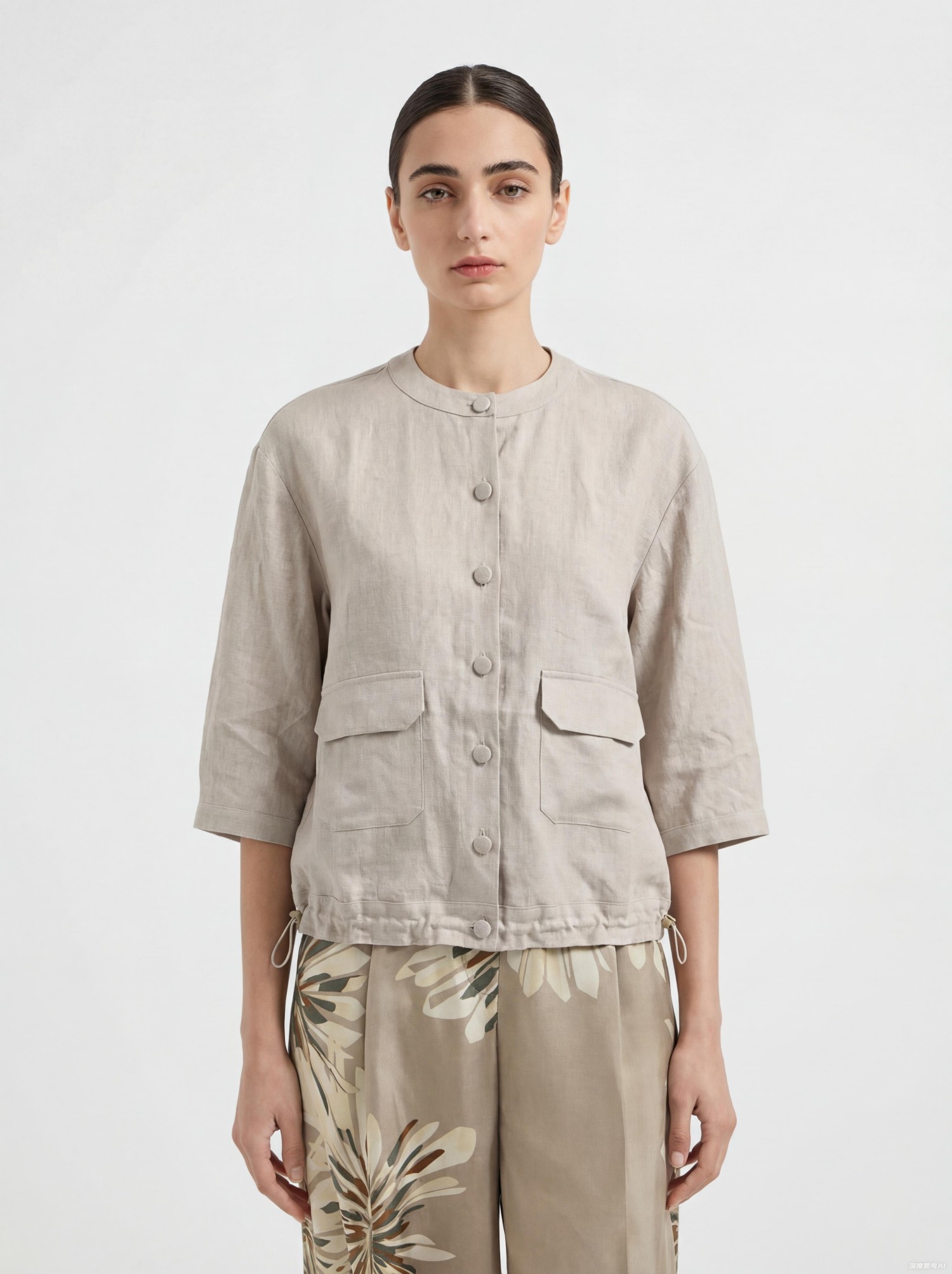 Khaki Linen Drawstring Jacket