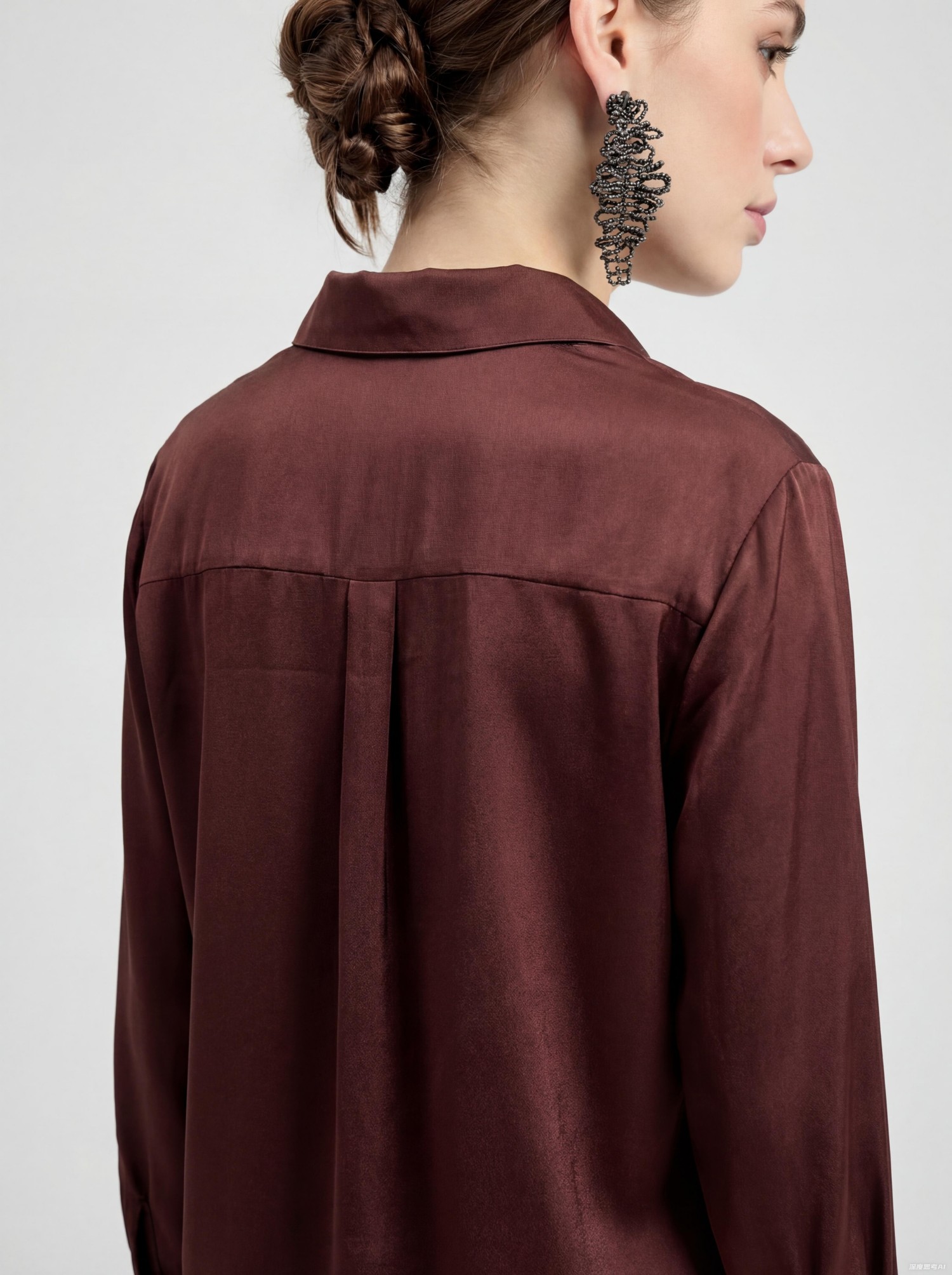 Brown Silk Long Sleeve Lace Blouse Top