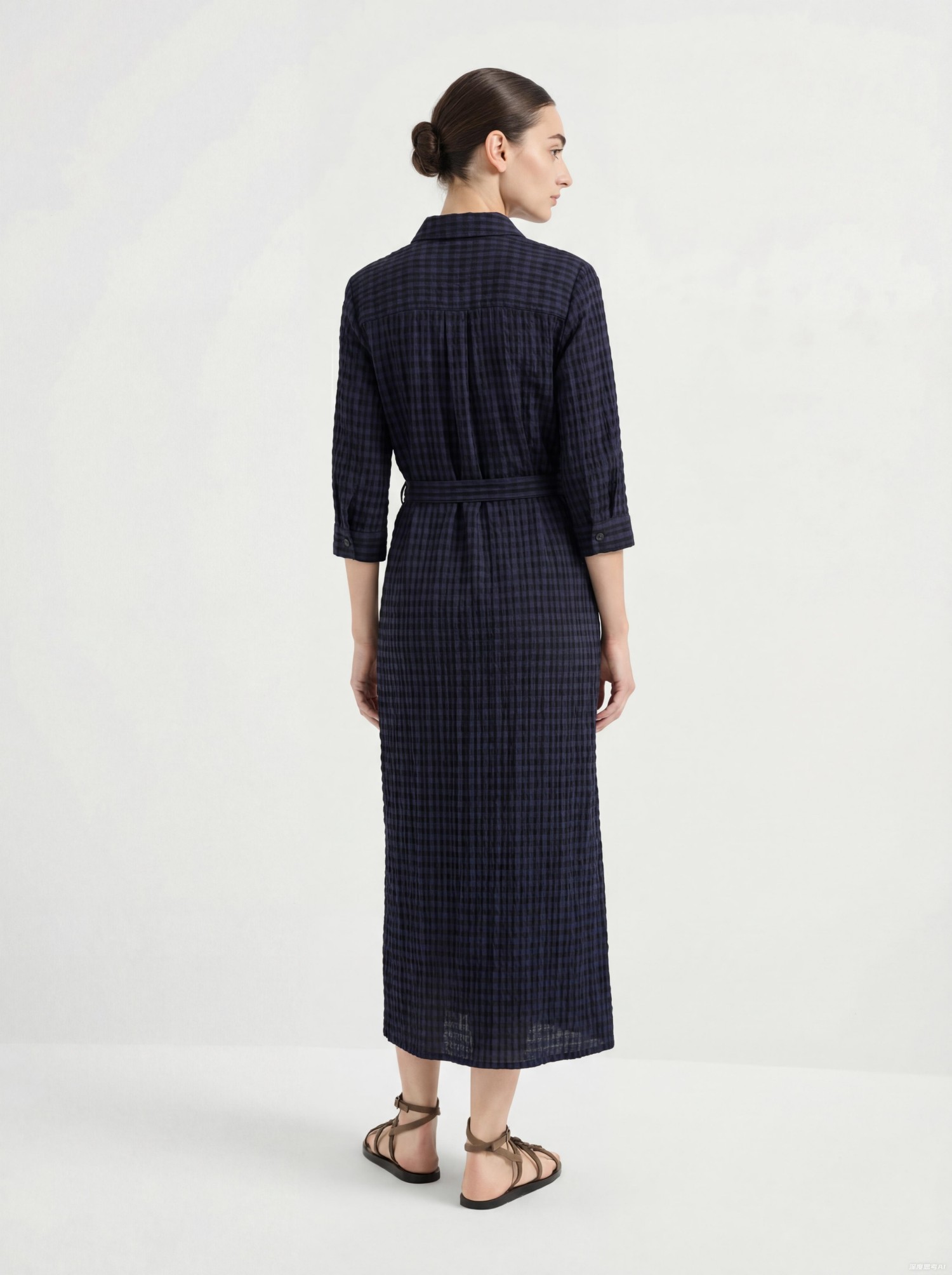 Navy Silk Plaid Print Midi Dress