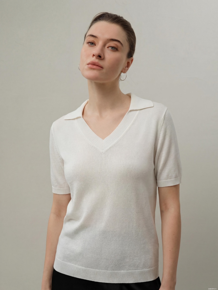 Silk Short Sleeve V-Neck Knit Sweater Top – Luxurious Lightweight Silk Knit