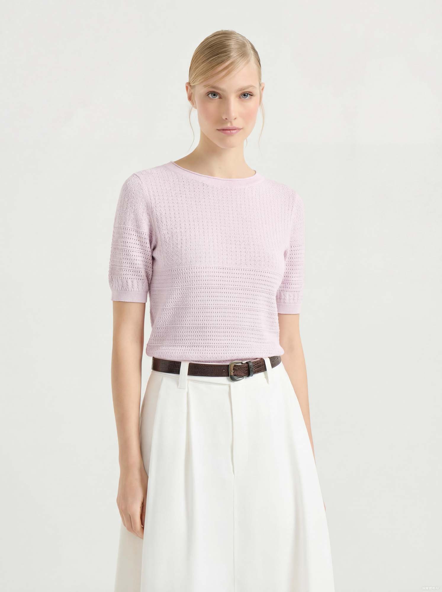 Pink Cotton Short Sleeve Knit Sweater