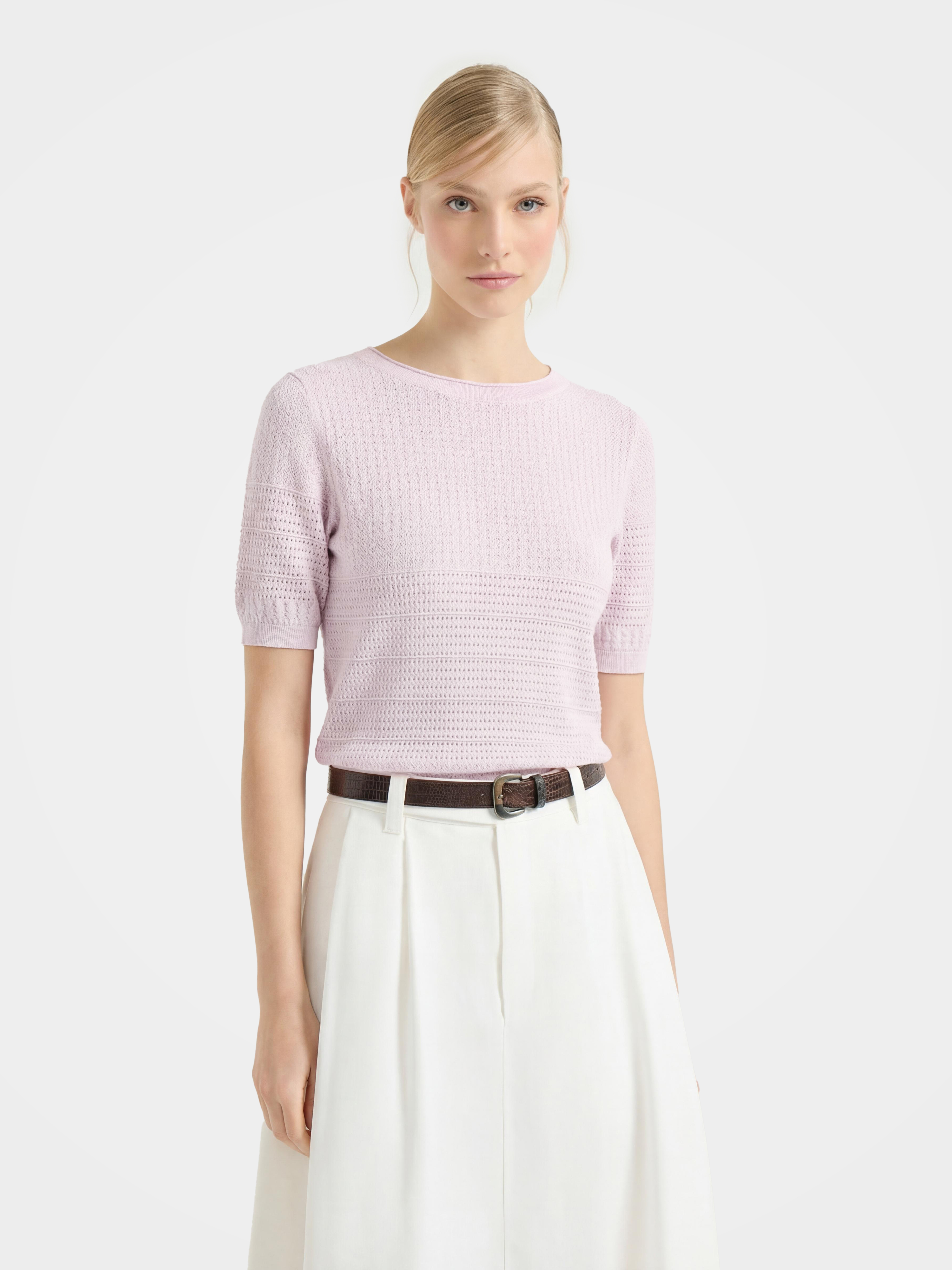 Lightweight Textured Cotton Silk Knit Pullover 