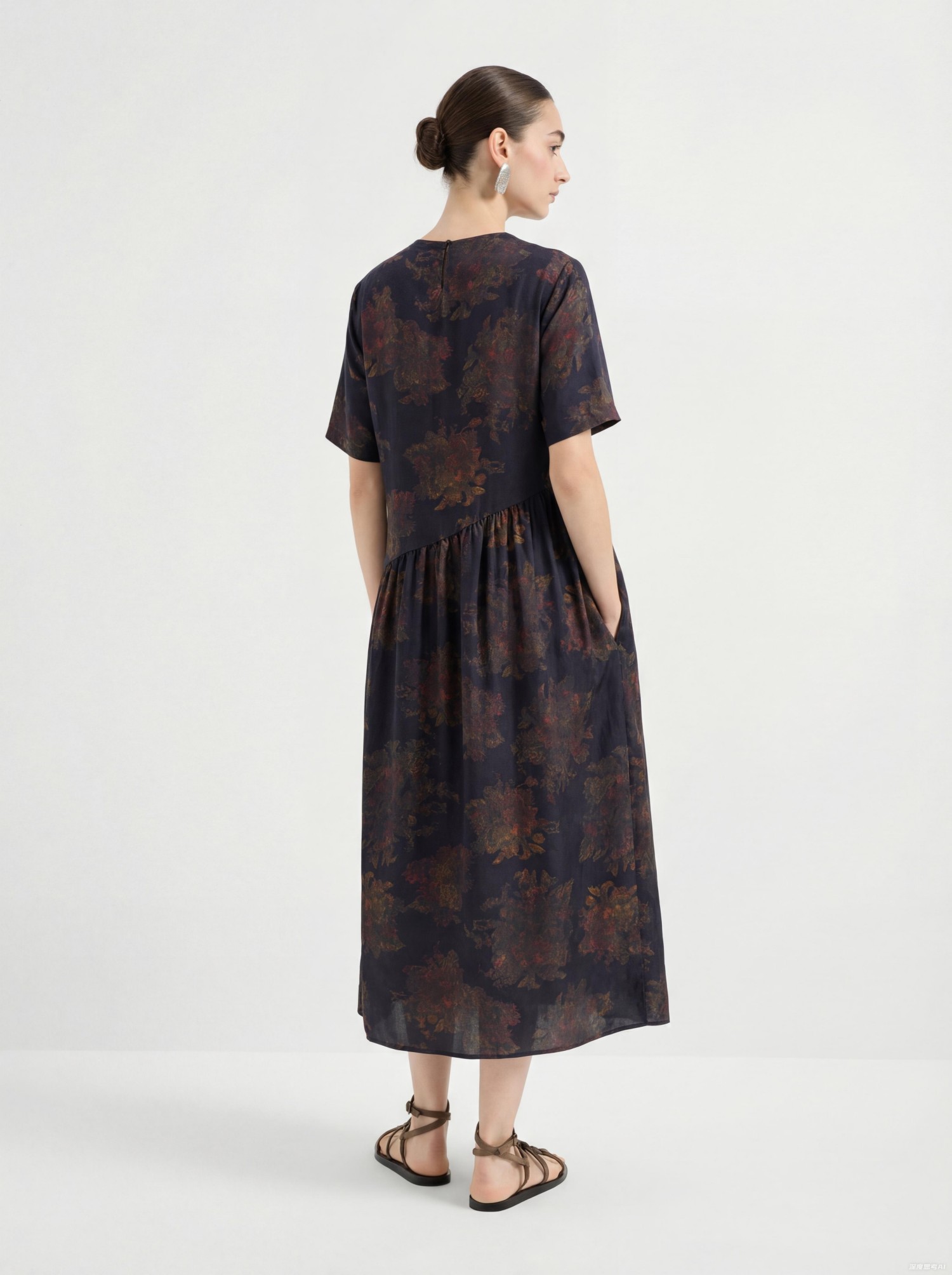 Navy Silk Floral Print Midi Dress